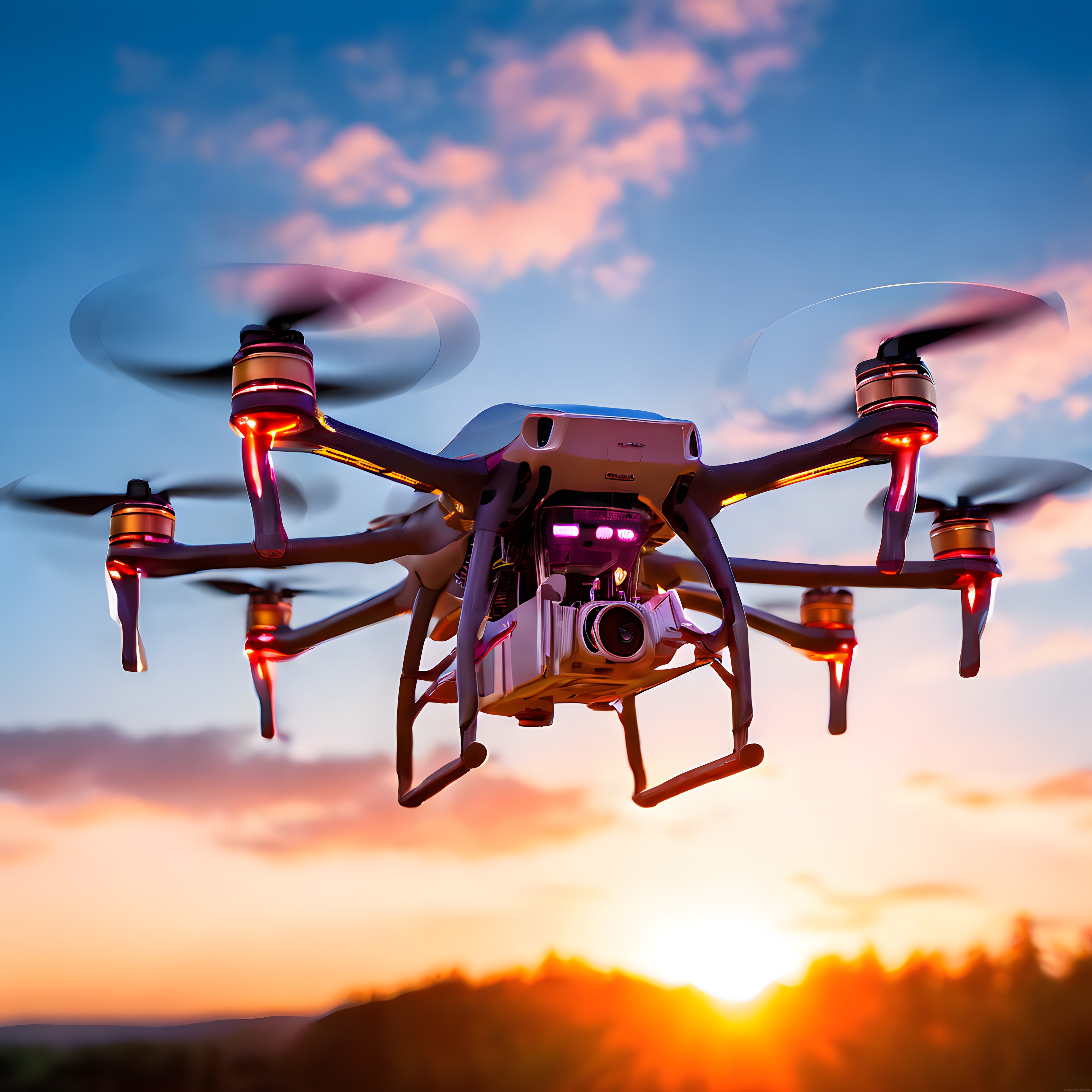 gün batımında led ışıkları parlayan kameralı drone havada çekim yapıyor