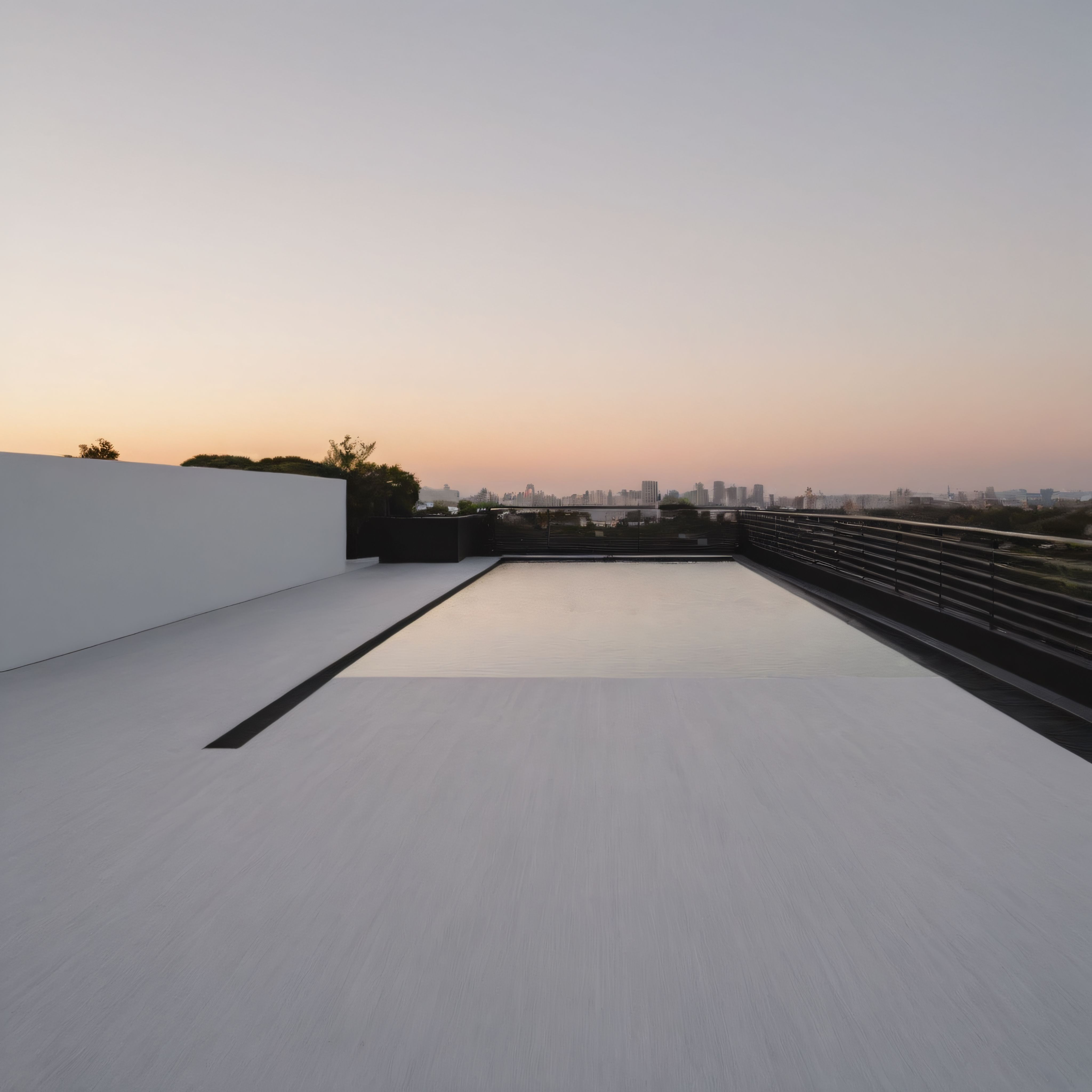 Gün Batımında Lüks Çatı Katı Havuzu ve Şehir Manzaralı Minimalist Teras