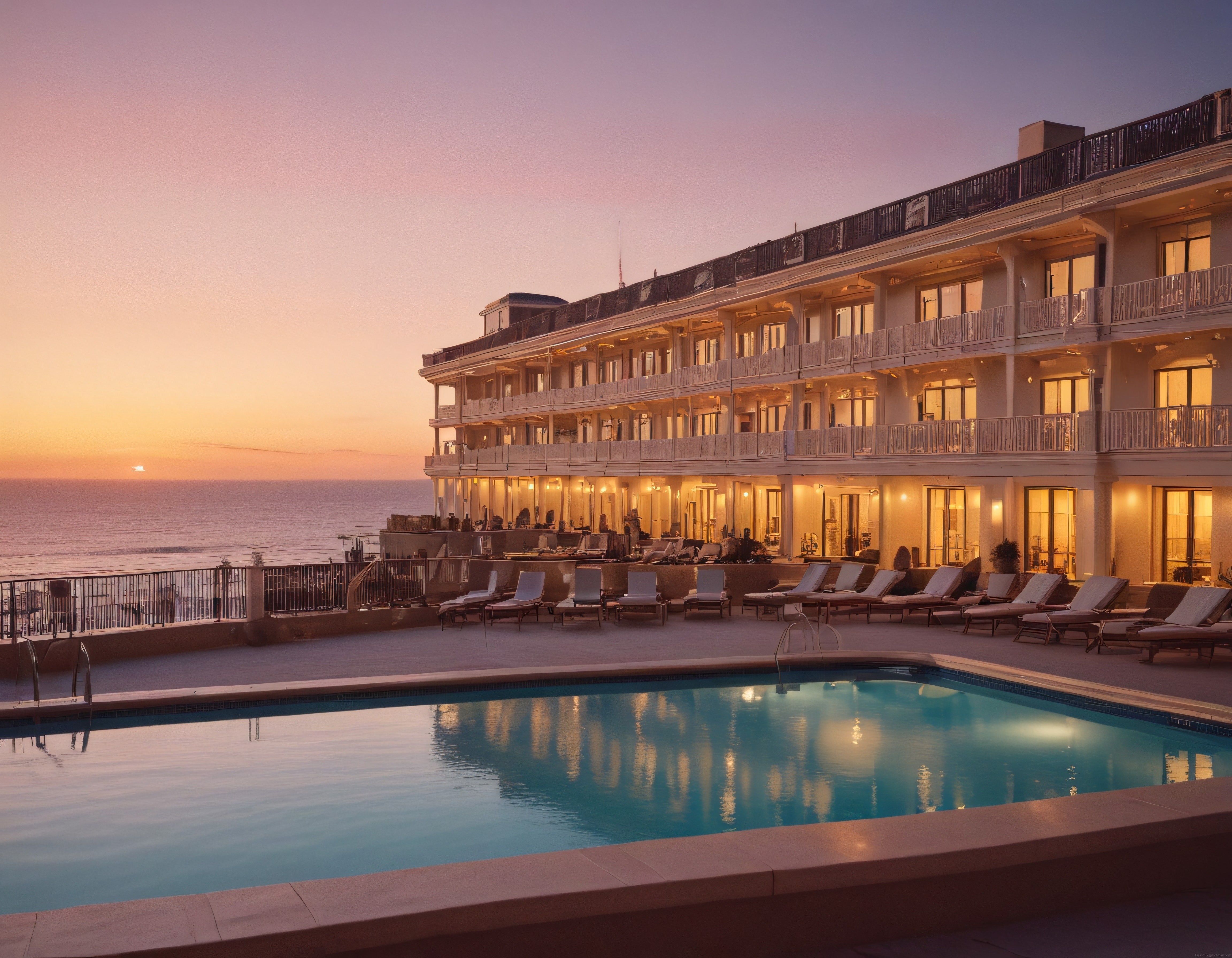 Gün Batımında Lüks Deniz Kenarı Otel Havuzu ve Aydınlatmalı Balkonlar