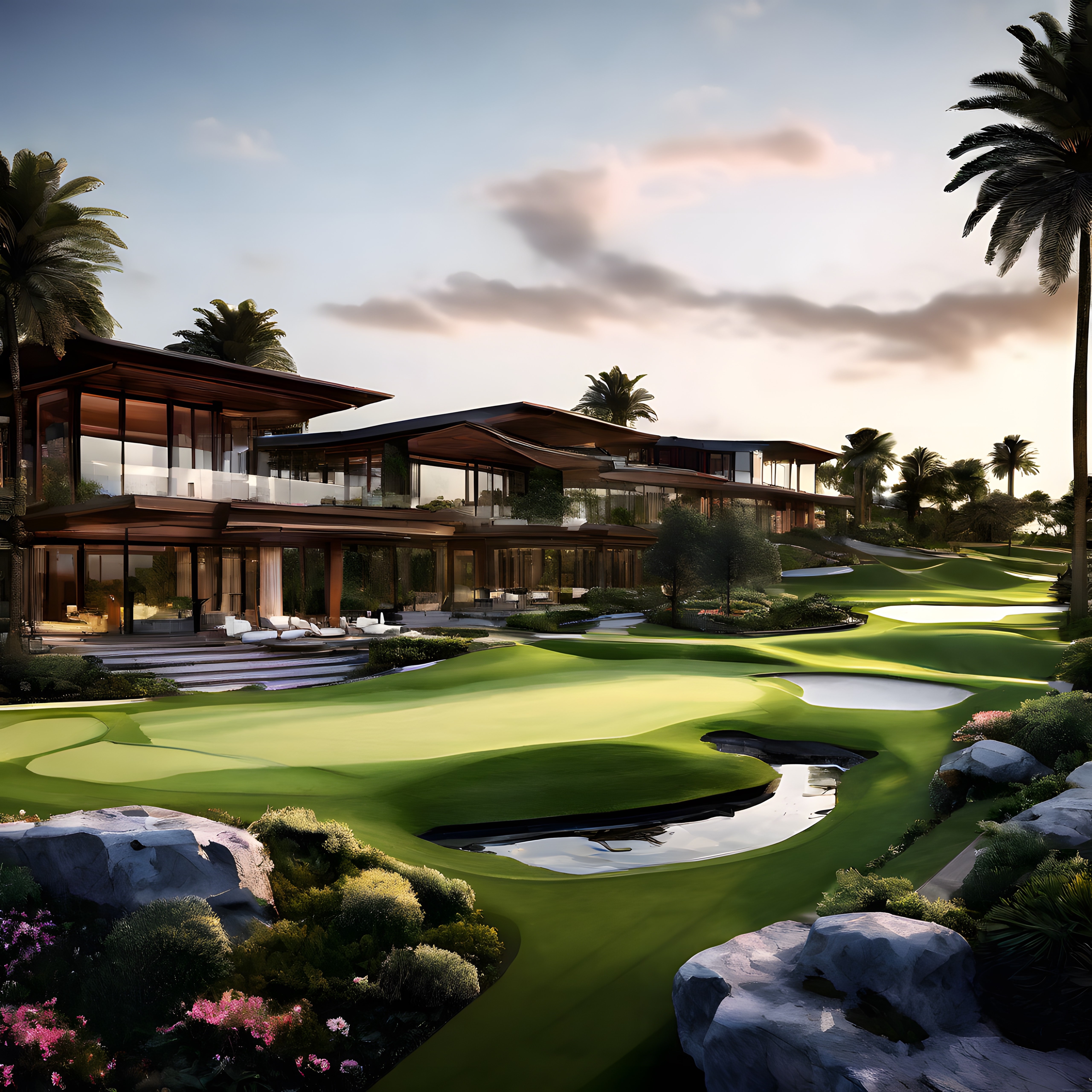 Gün batımında lüks golf resortu modern mimari ve yeşil peyzaj tasarımı
