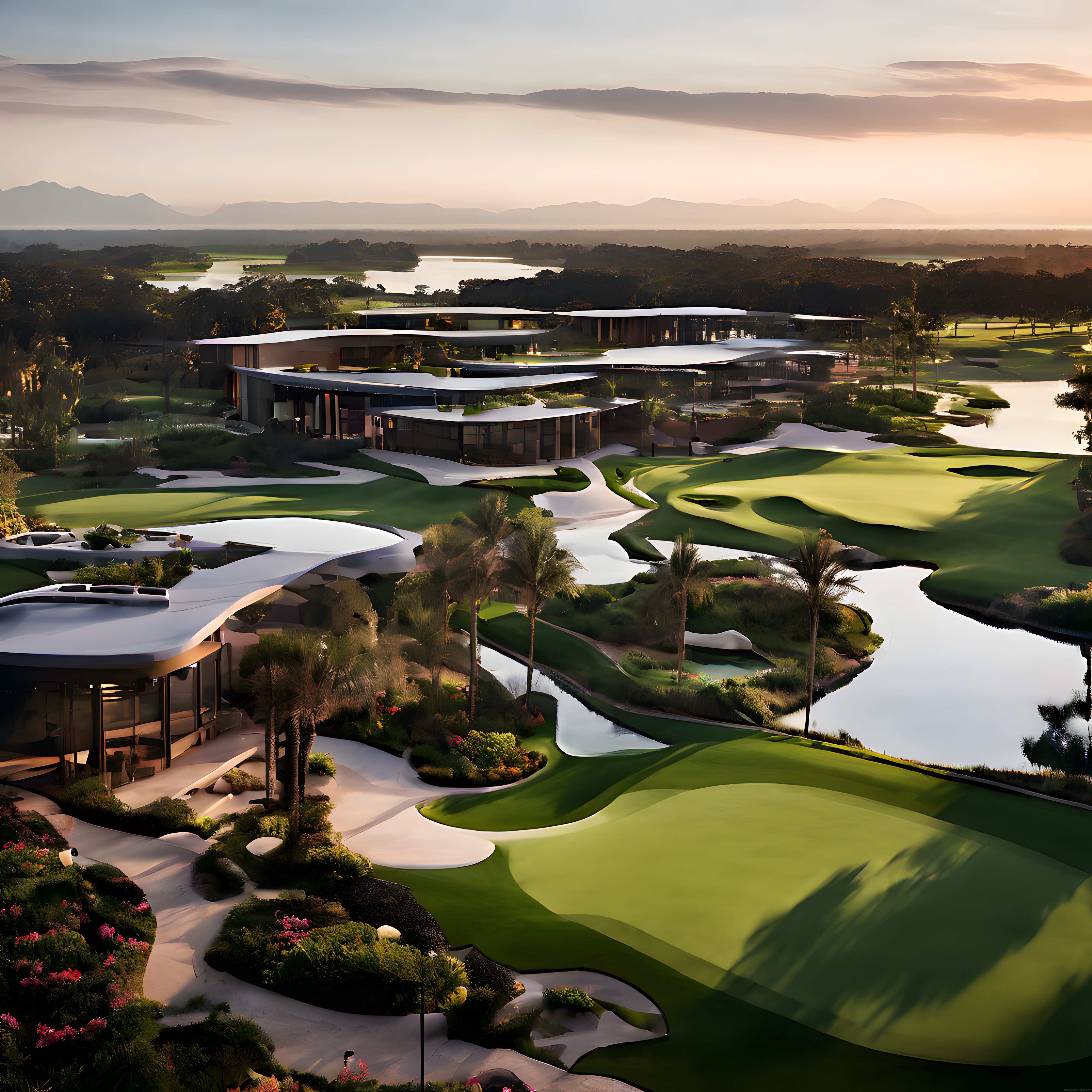 Gün Batımında Lüks Golf Resortu ve Göl Kenarında Huzurlu Yeşil Koylar