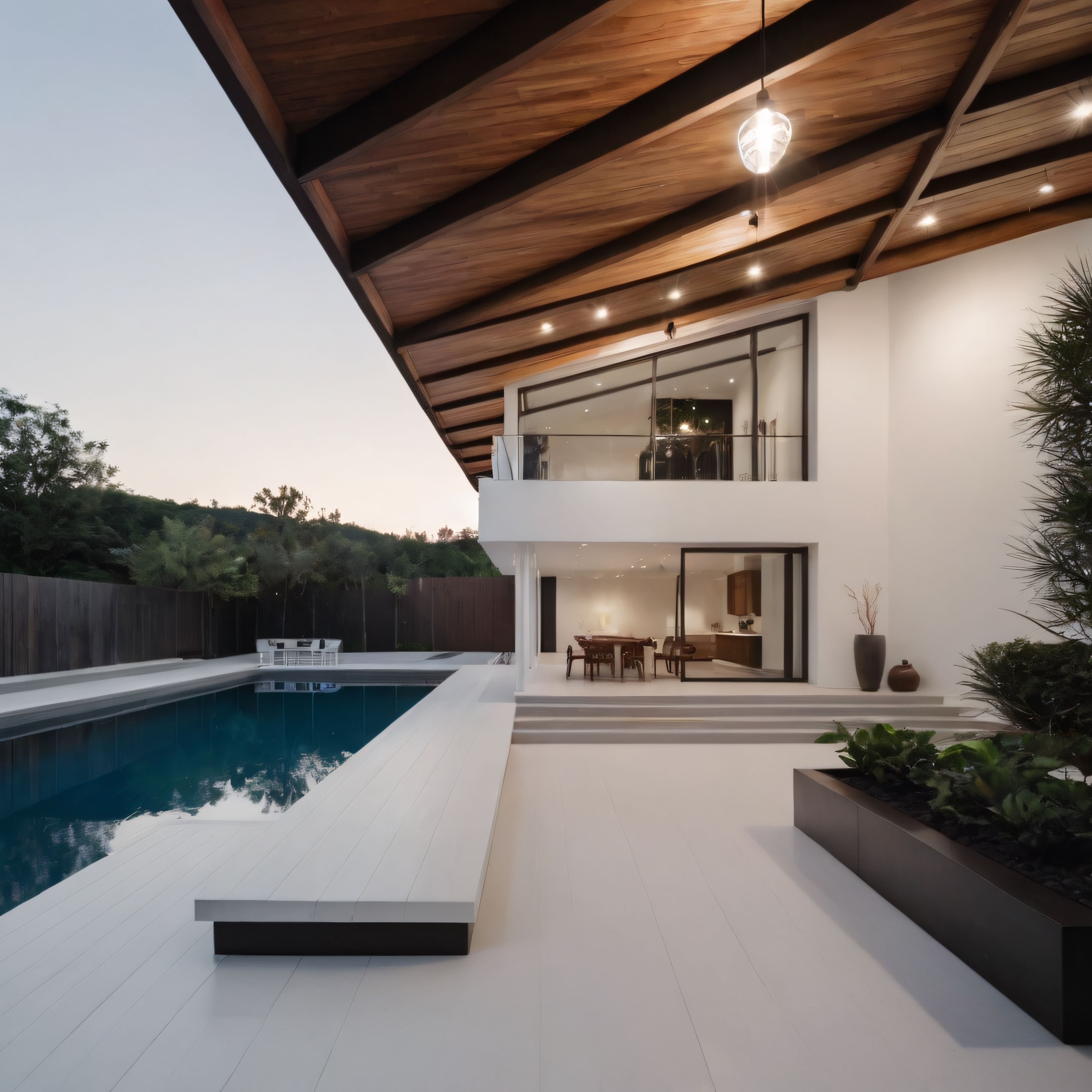 Gün Batımında Lüks Modern Villa, Havuz ve Ahşap Tavan Mimarisi