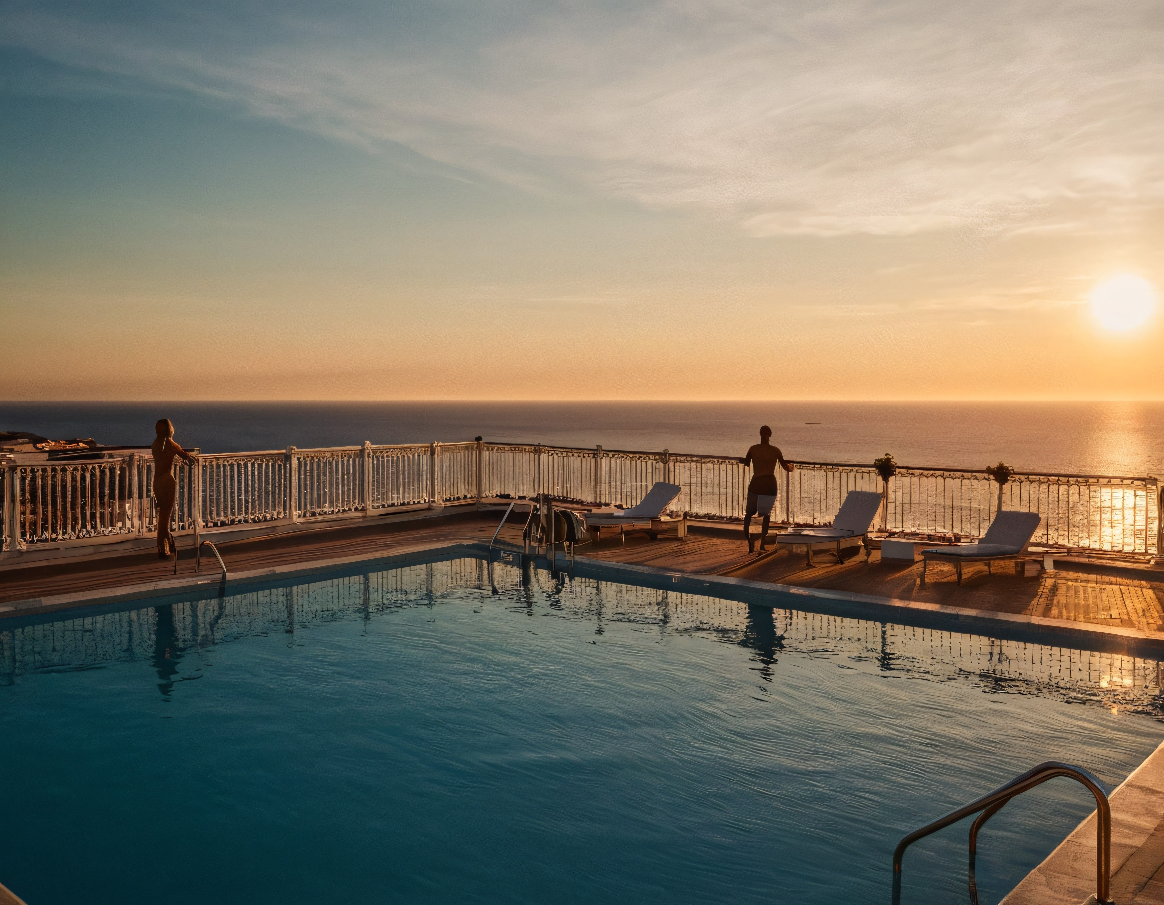 Gün Batımında Lüks Otel Terasında Deniz Manzaralı Sonsuzluk Havuzu Keyfi