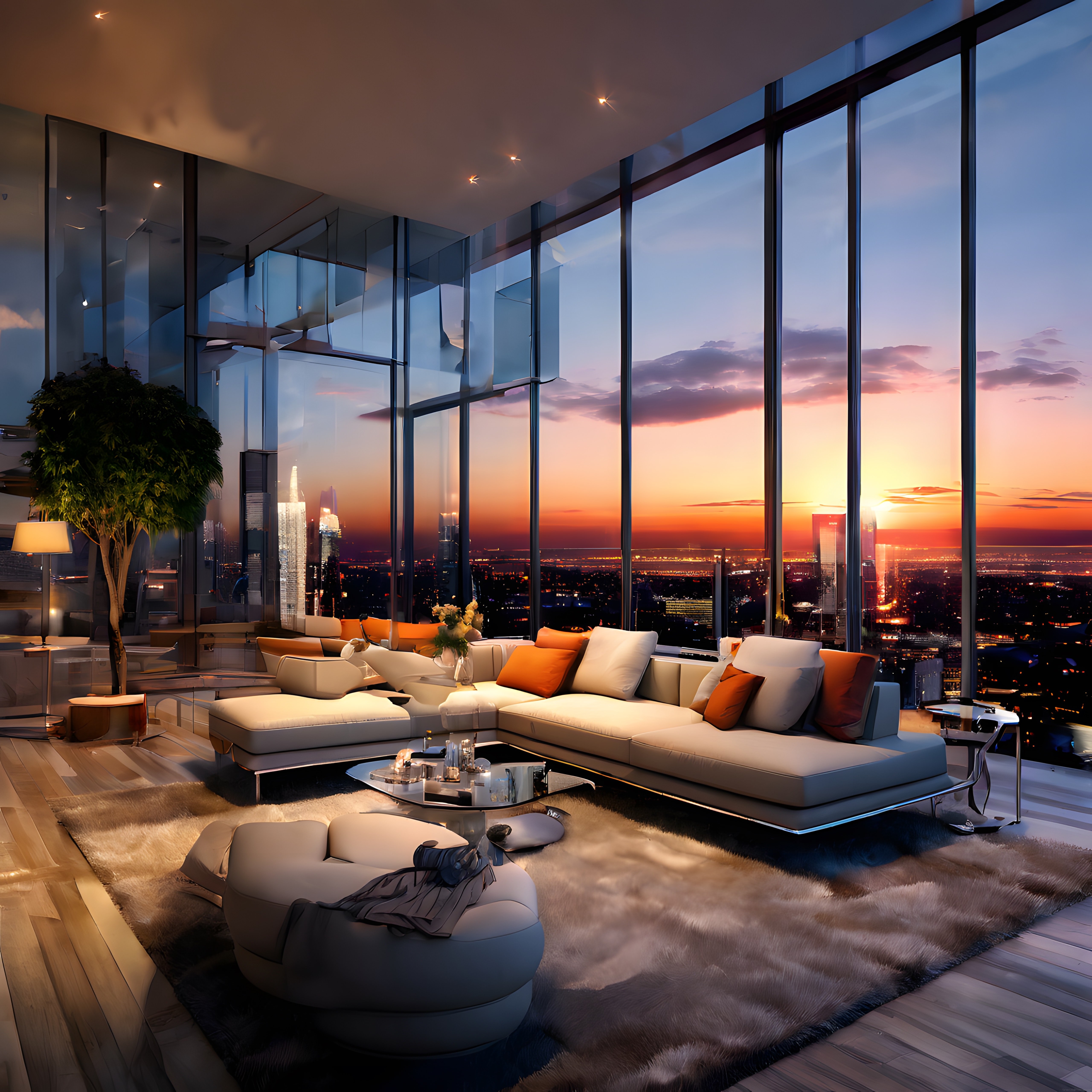 Gün batımında lüks penthouse iç mekan ve panoramik şehir manzarası