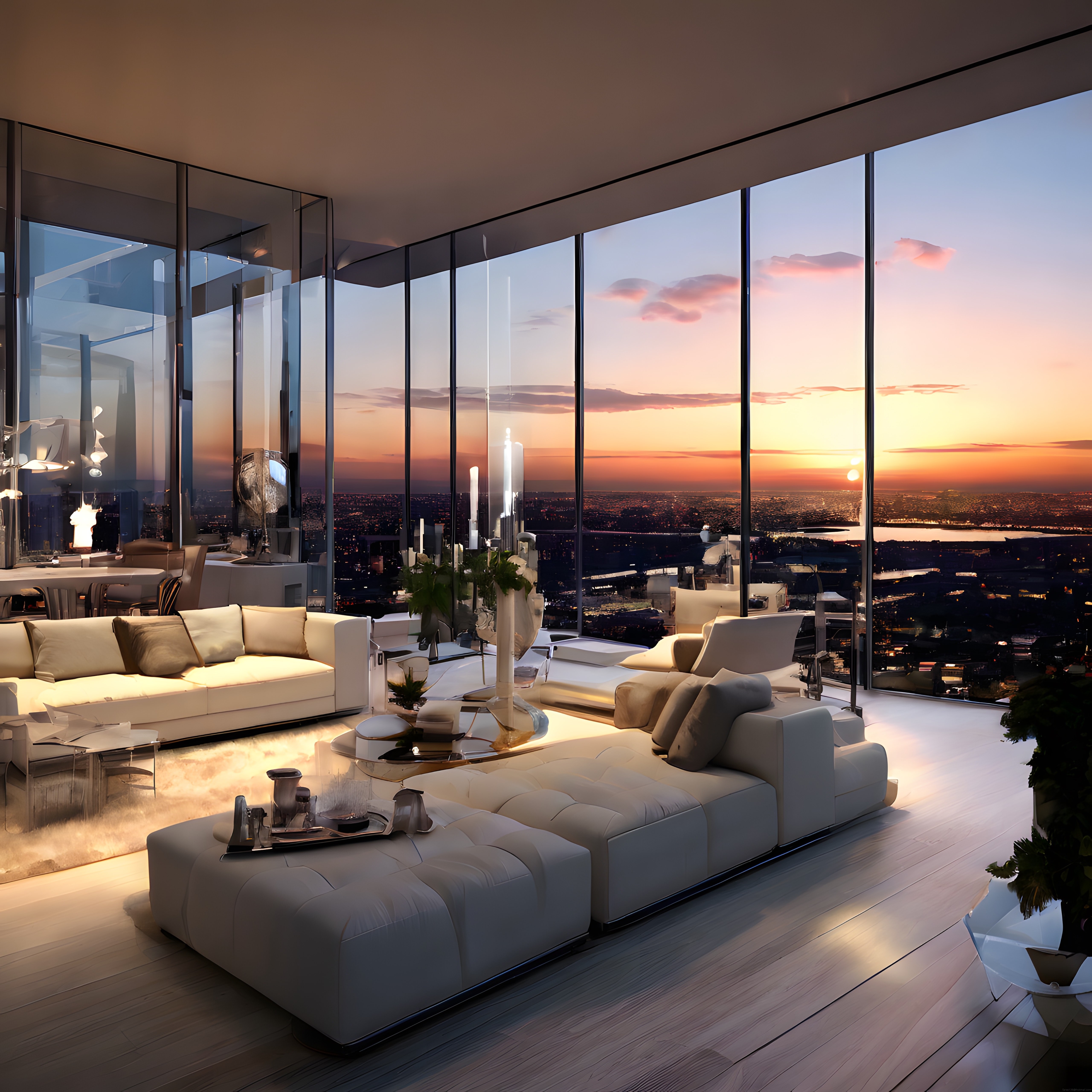 Gün Batımında Lüks Penthouse Salonu ve Panoramik Şehir Manzarası