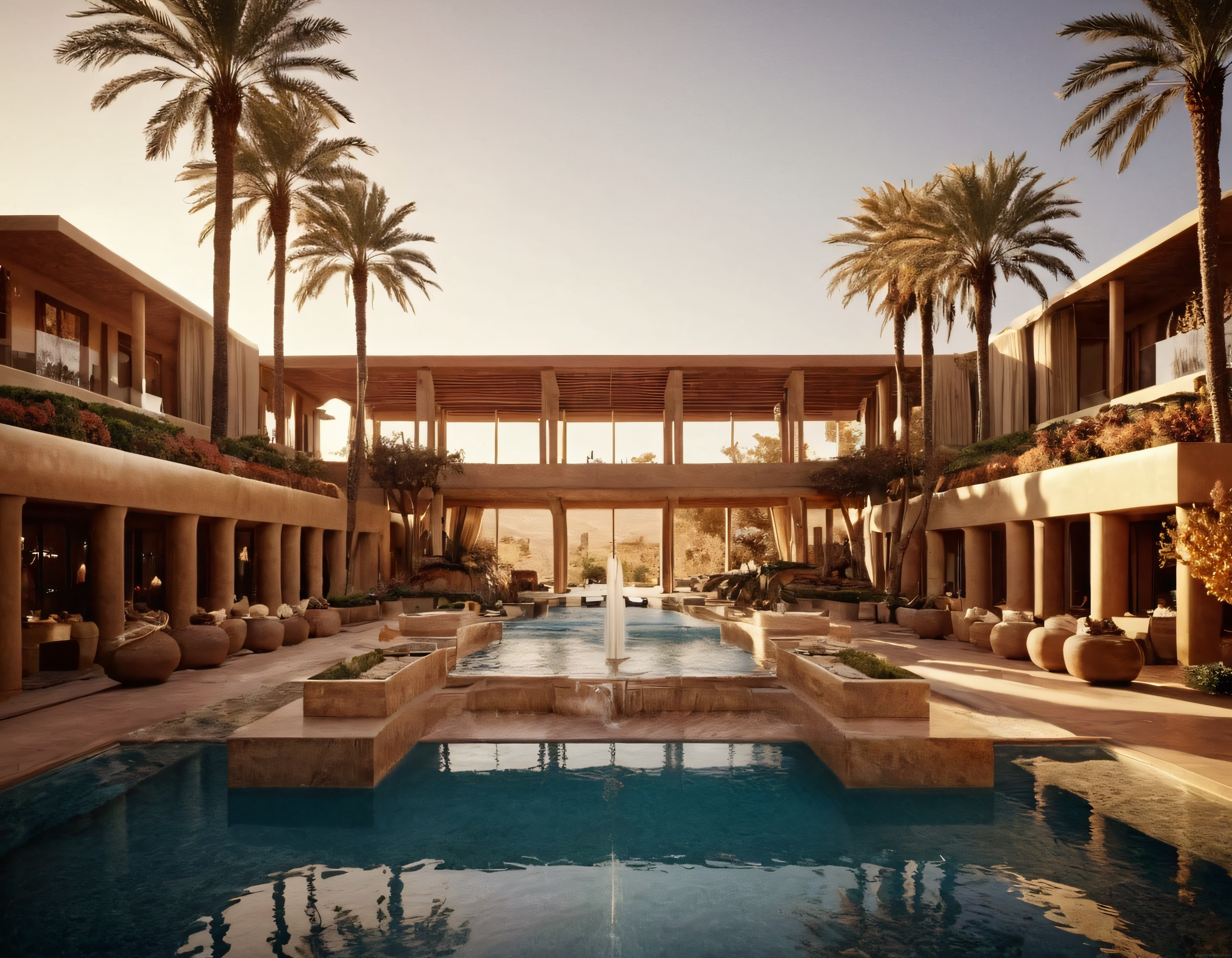 Gün batımında lüks resort avlusu: palmiyeler, havuz ve modern çöl mimarisi