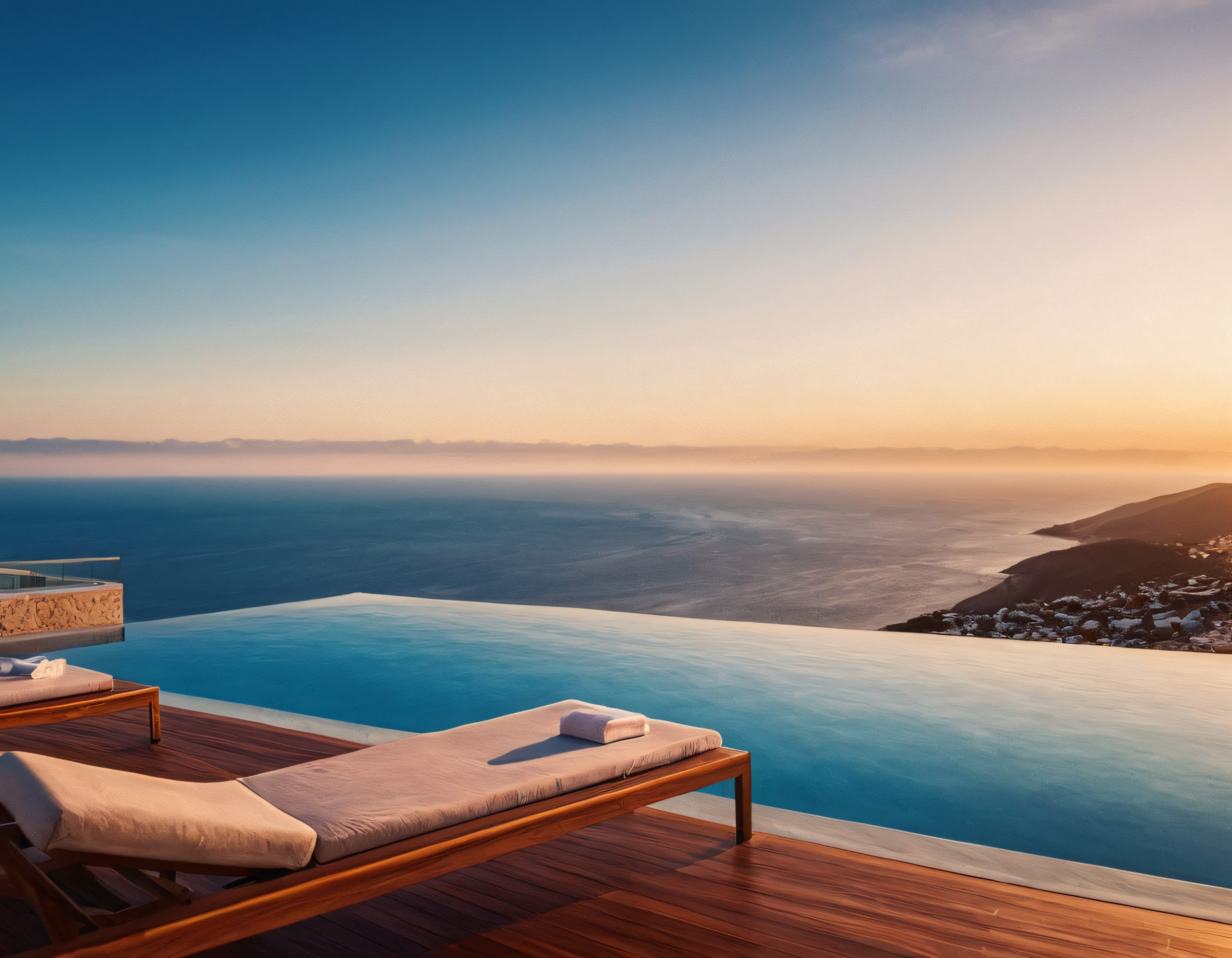 Gün Batımında Lüks Tatil Köyü Sonsuzluk Havuzu ve Şezlonglu Dinlenme Alanı