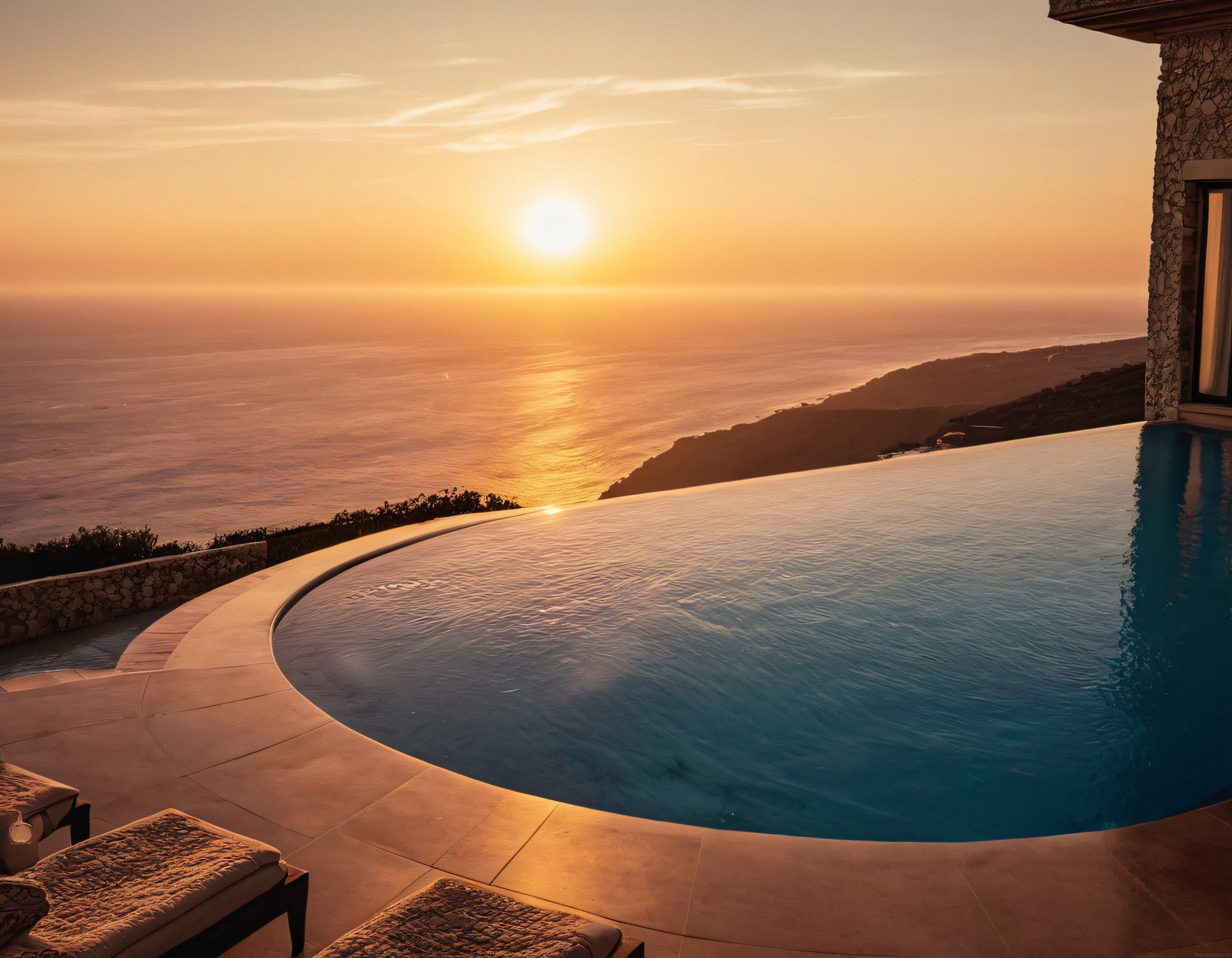 Gün Batımında Lüks Tatil Villası Infinity Havuz ve Deniz Manzarası