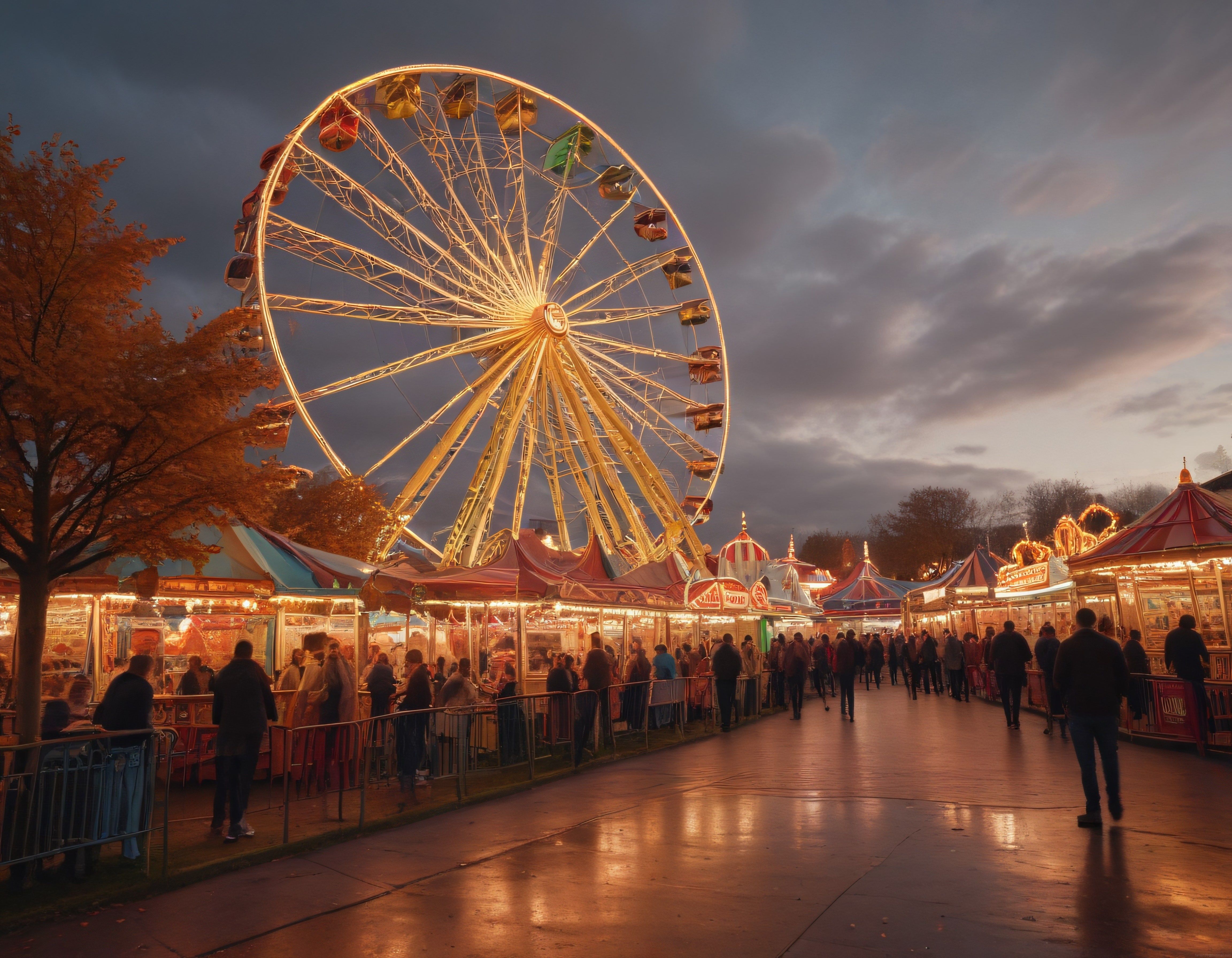 Gün Batımında Lunaparkın Cazibe Dolu Dönme Dolap ve Işıltılı Stantları