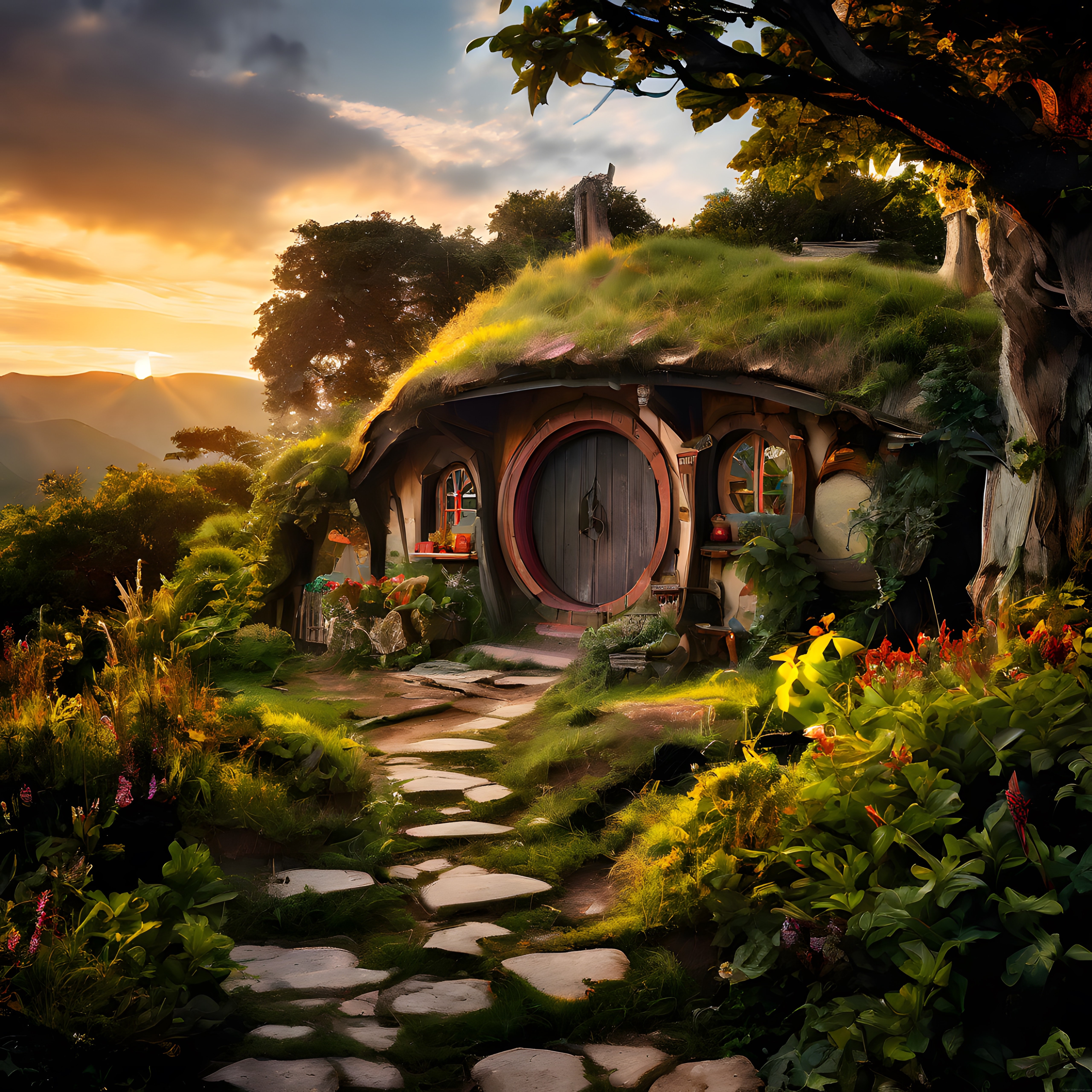 Gün Batımında Masalsı Hobbit Evi ve Çimen Çatılı Orman Kulübesi