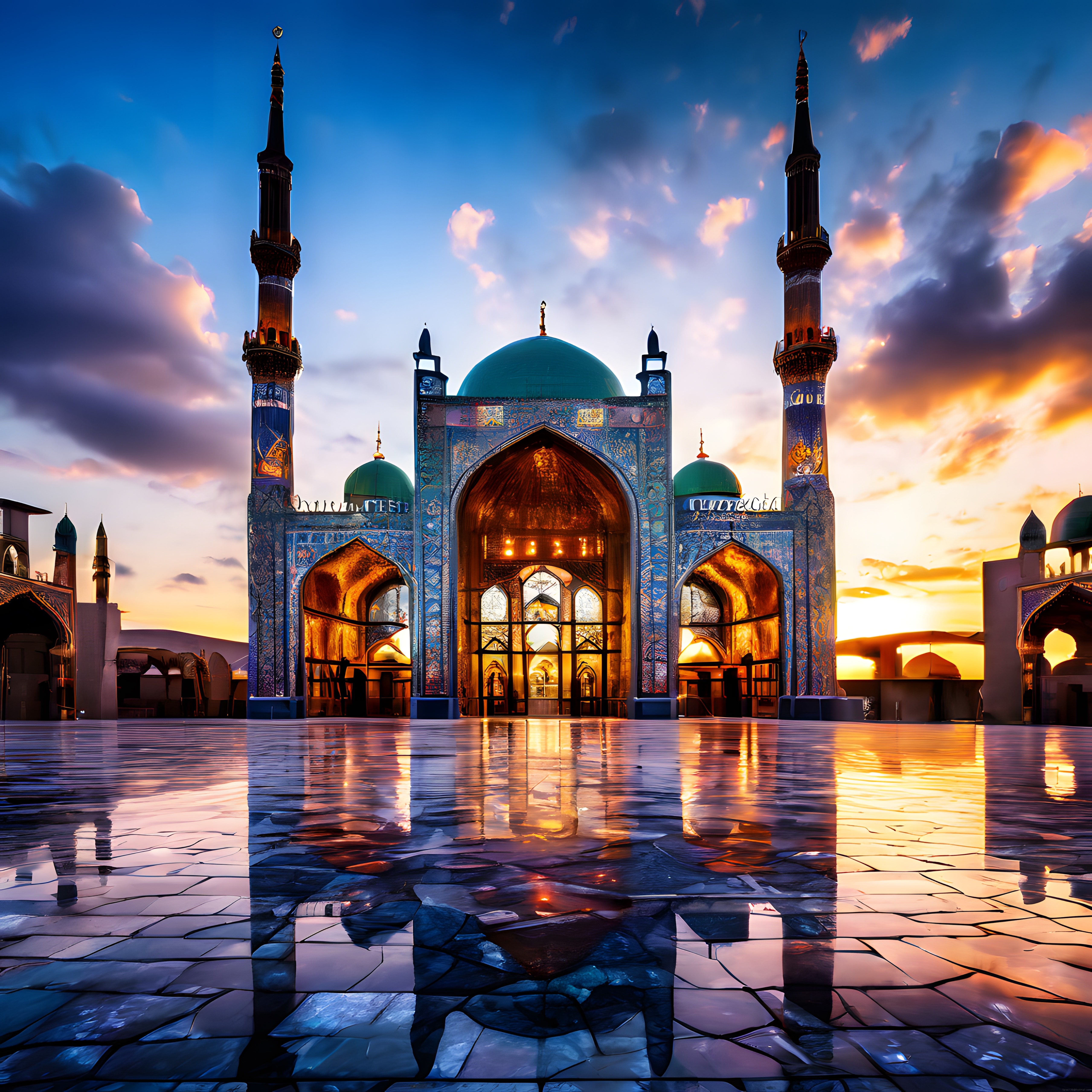 Gün Batımında Mavi Çinili Görkemli Cami ve Işıltılı Yansıma