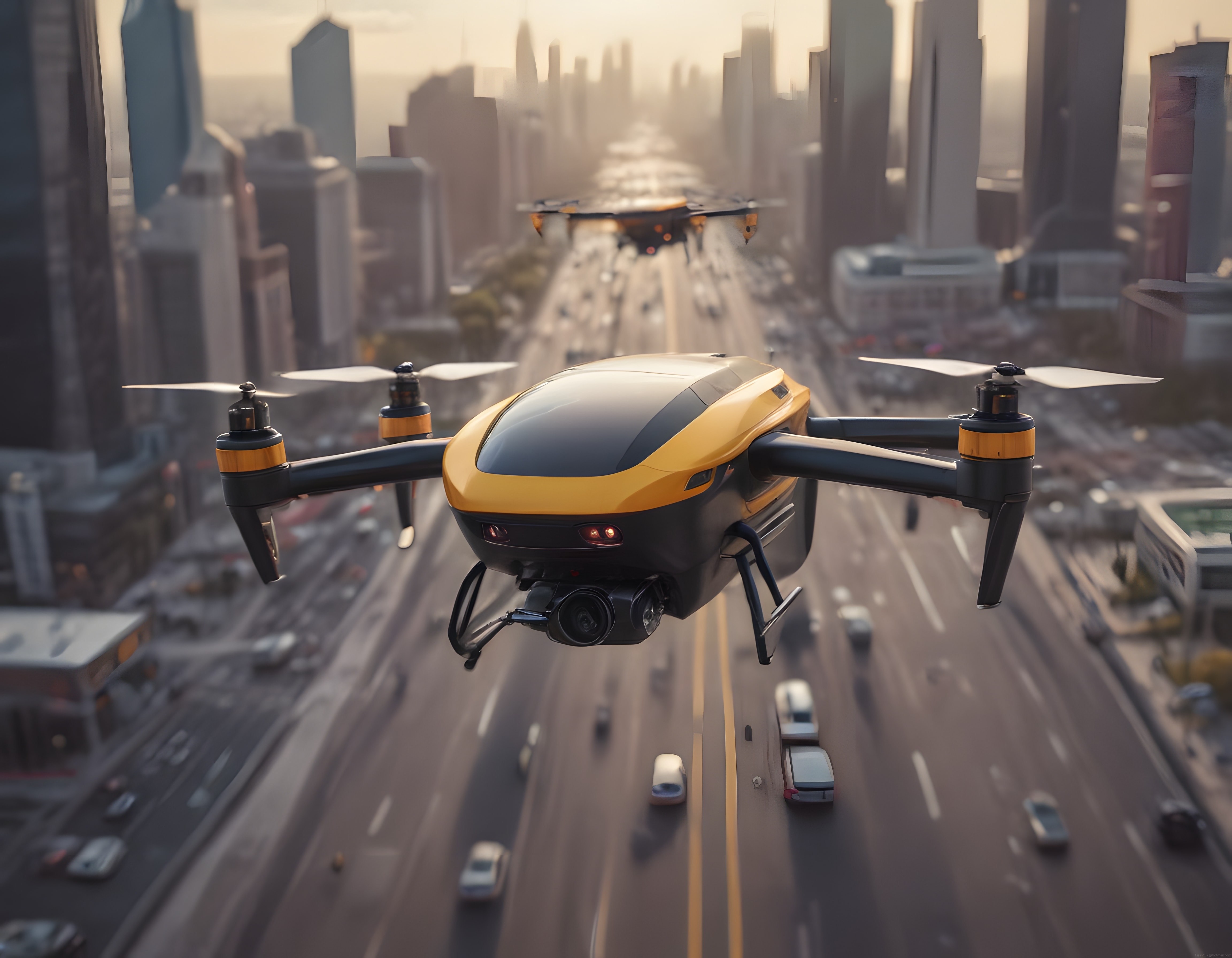 Gün Batımında Megakent Üzerinde Uçan Sarı Siyah Otonom Dronlar
