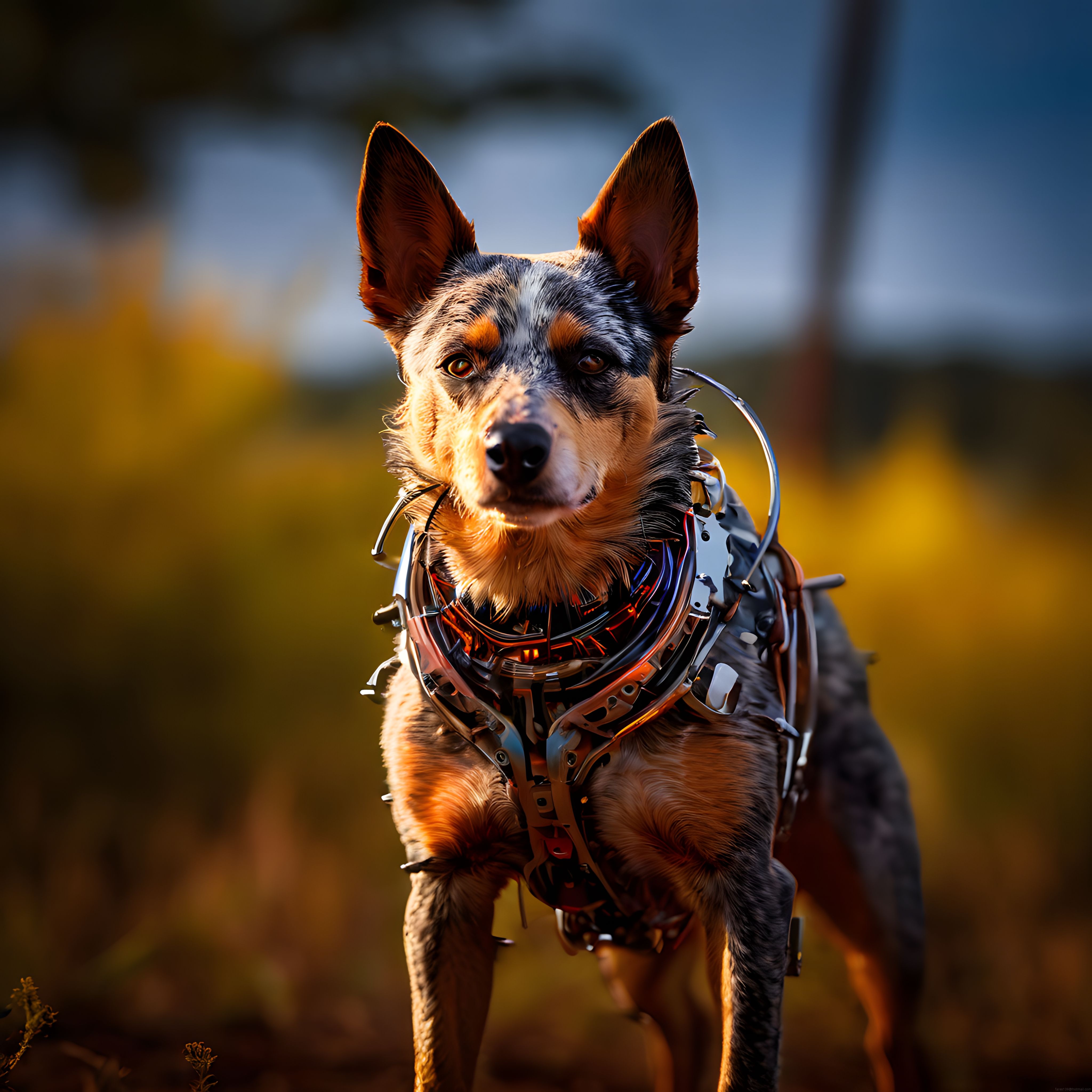Gün Batımında Mekanik Zırh Giyen Çoban Köpeğinin Etkileyici Portresi Gün Batımında Mekanik Zırh Giyen Çoban Köpeğinin Etkileyici Portresi