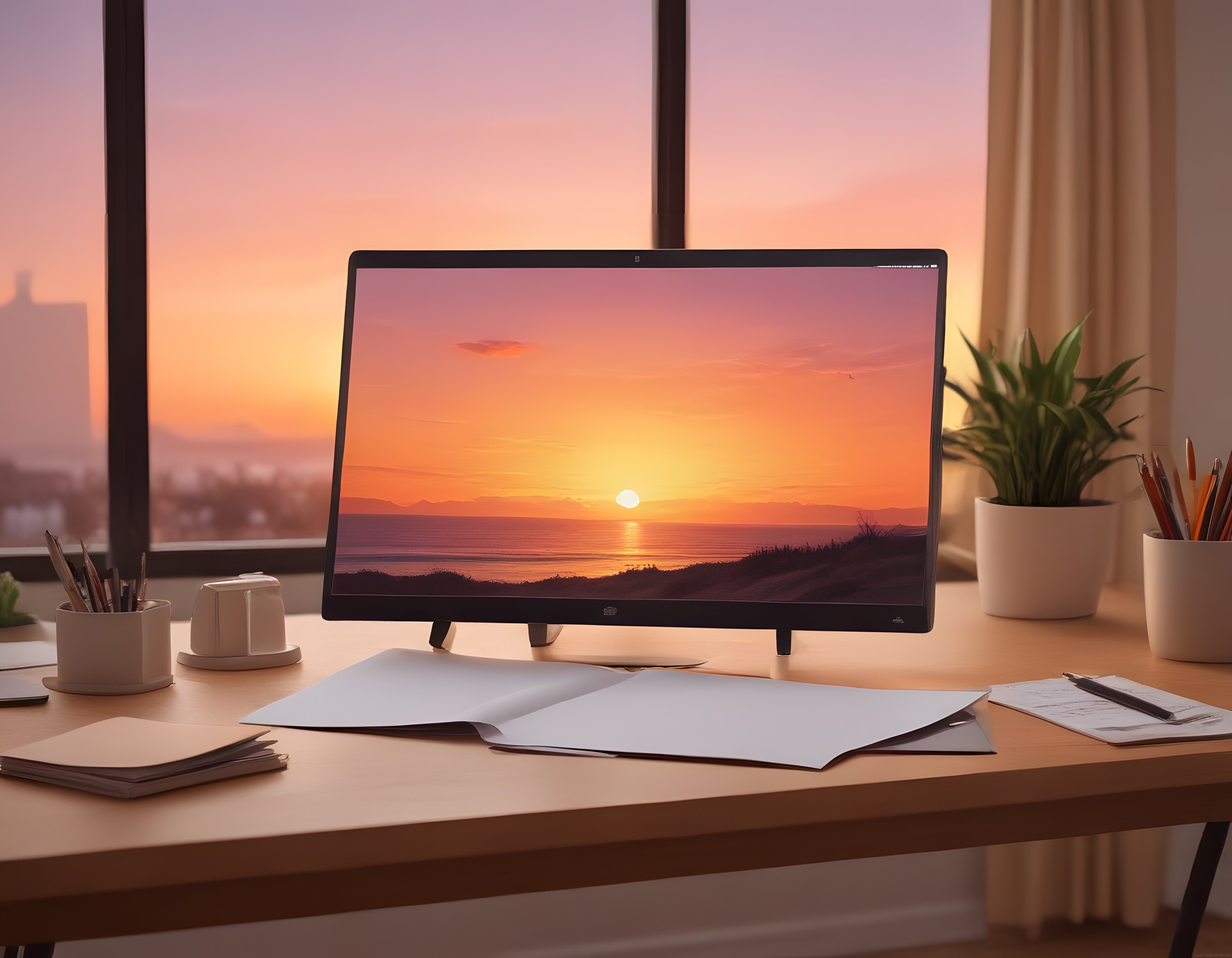 Gün Batımında Minimalist Çalışma Masası ve Verimli Ofis Ortamı