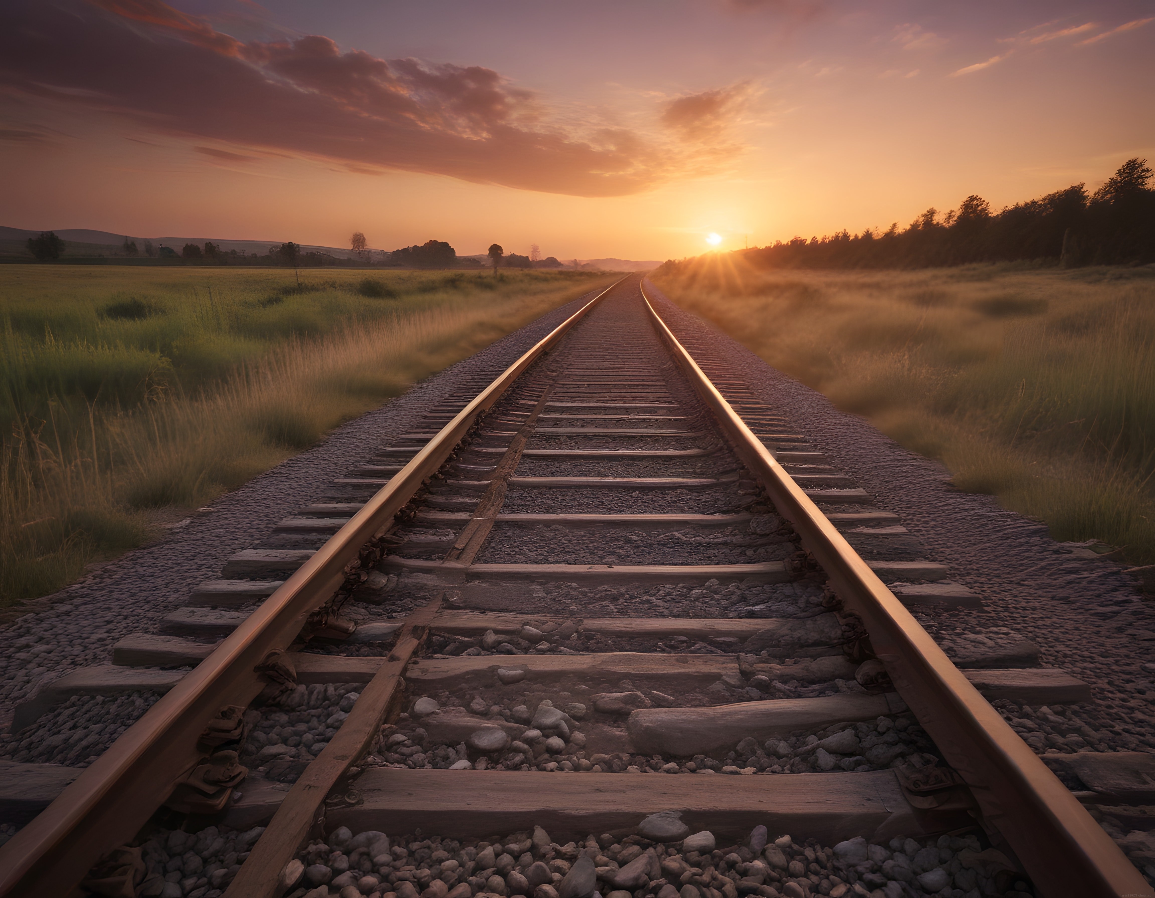 Gün Batımında Mistik Ovadaki Tren Yolu ve Altın Işık Huzmeleri