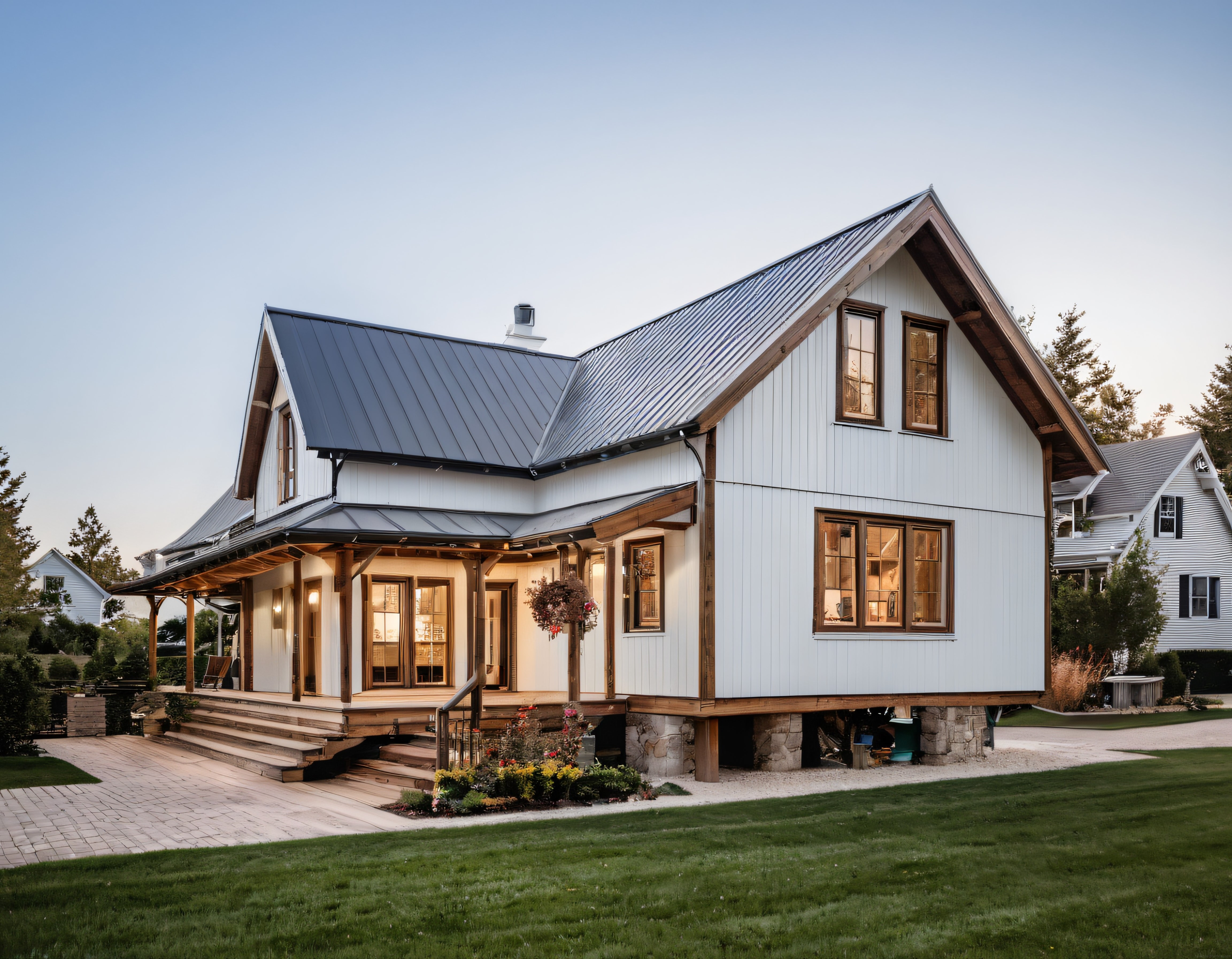 Gün batımında modern çiftlik evi tarzında ahşap detaylı geniş verandalı villa
