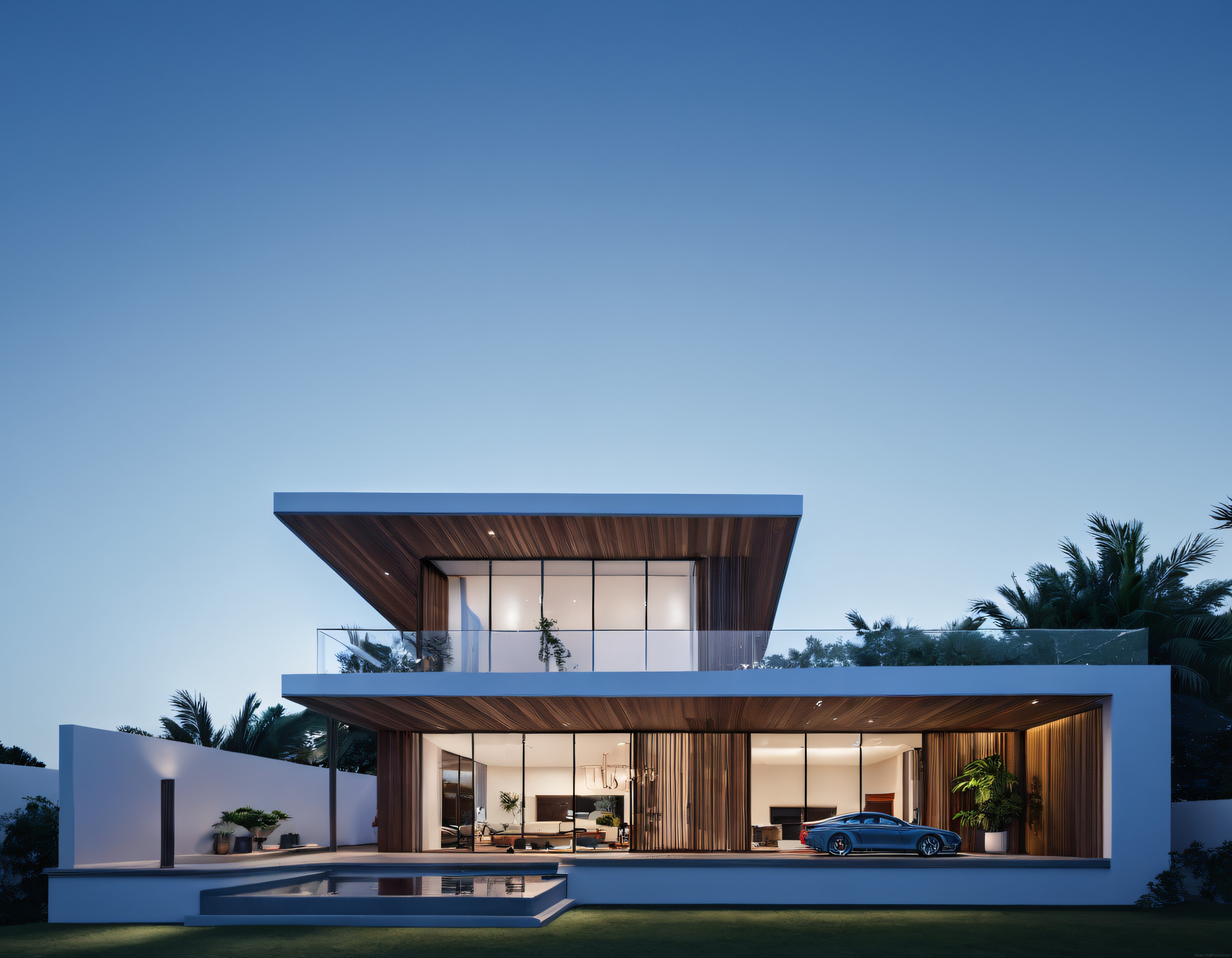 Gün Batımında Modern Lüks Villa ve Havuz Manzaralı Çarpıcı Mimari
