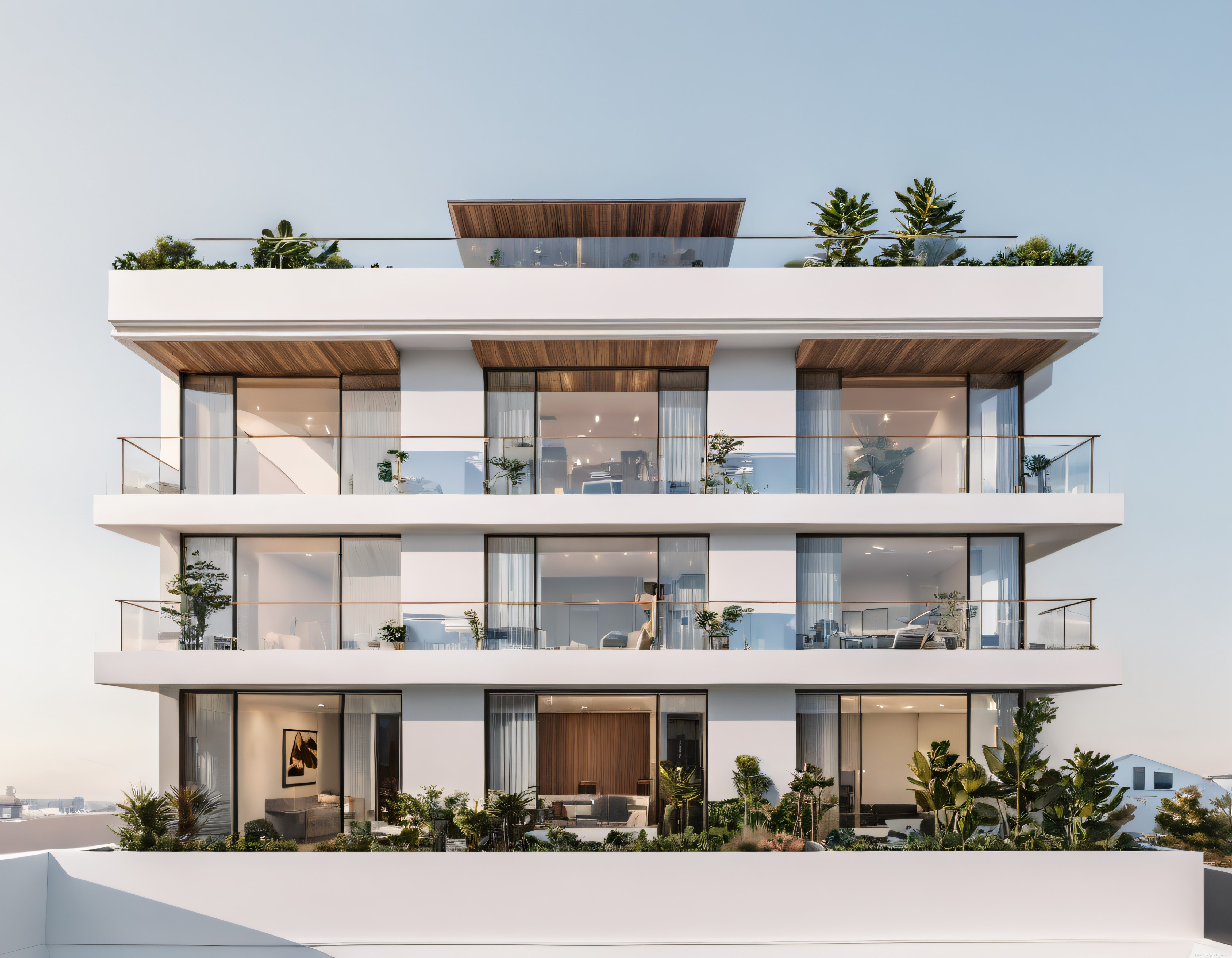 Gün Batımında Modern Mimari Lüks Beyaz Apartman ve Çatı Bahçesi