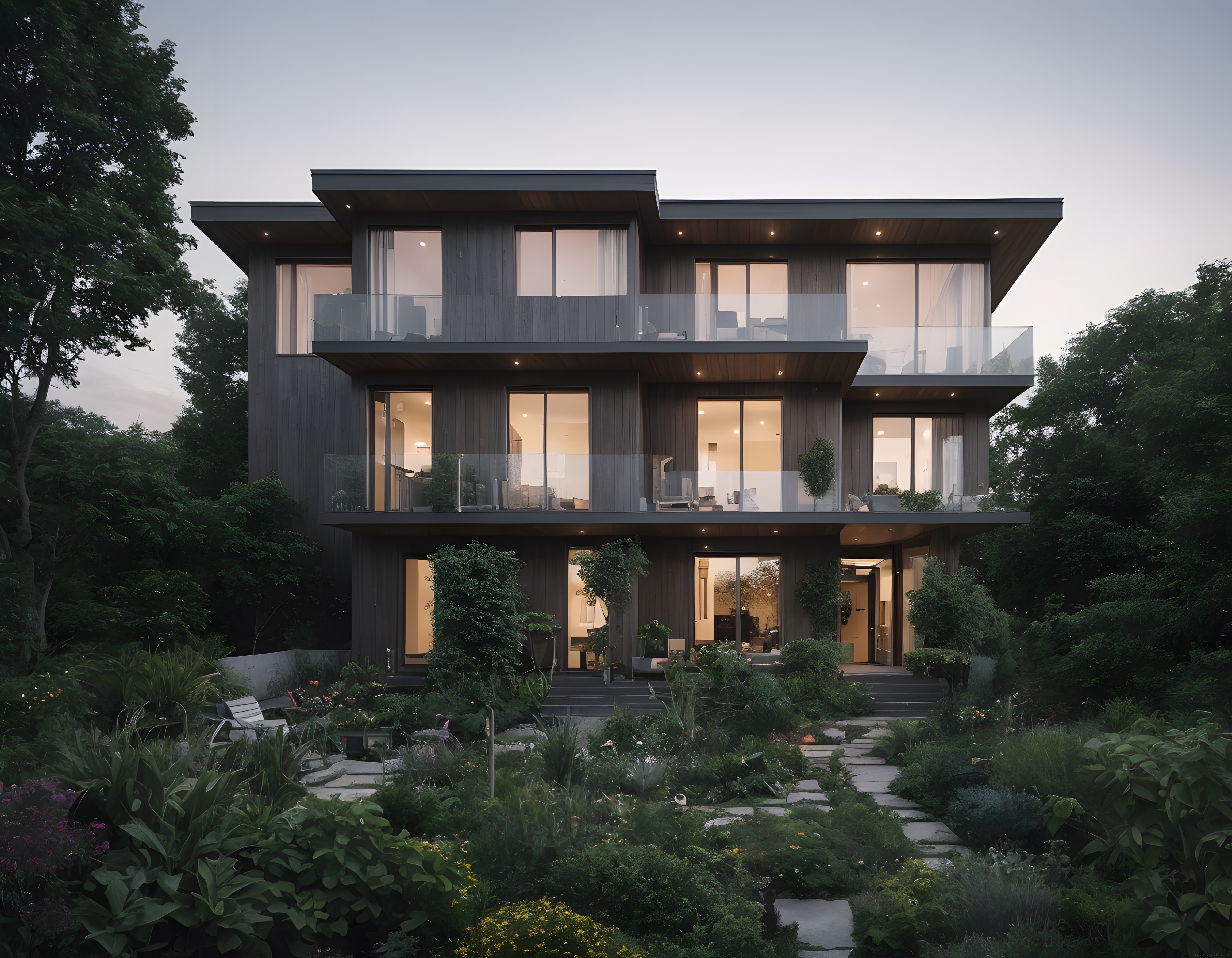 Gün Batımında Modern Üç Katlı Ahşap Cepheli Lüks Villa ve Bahçe Manzarası