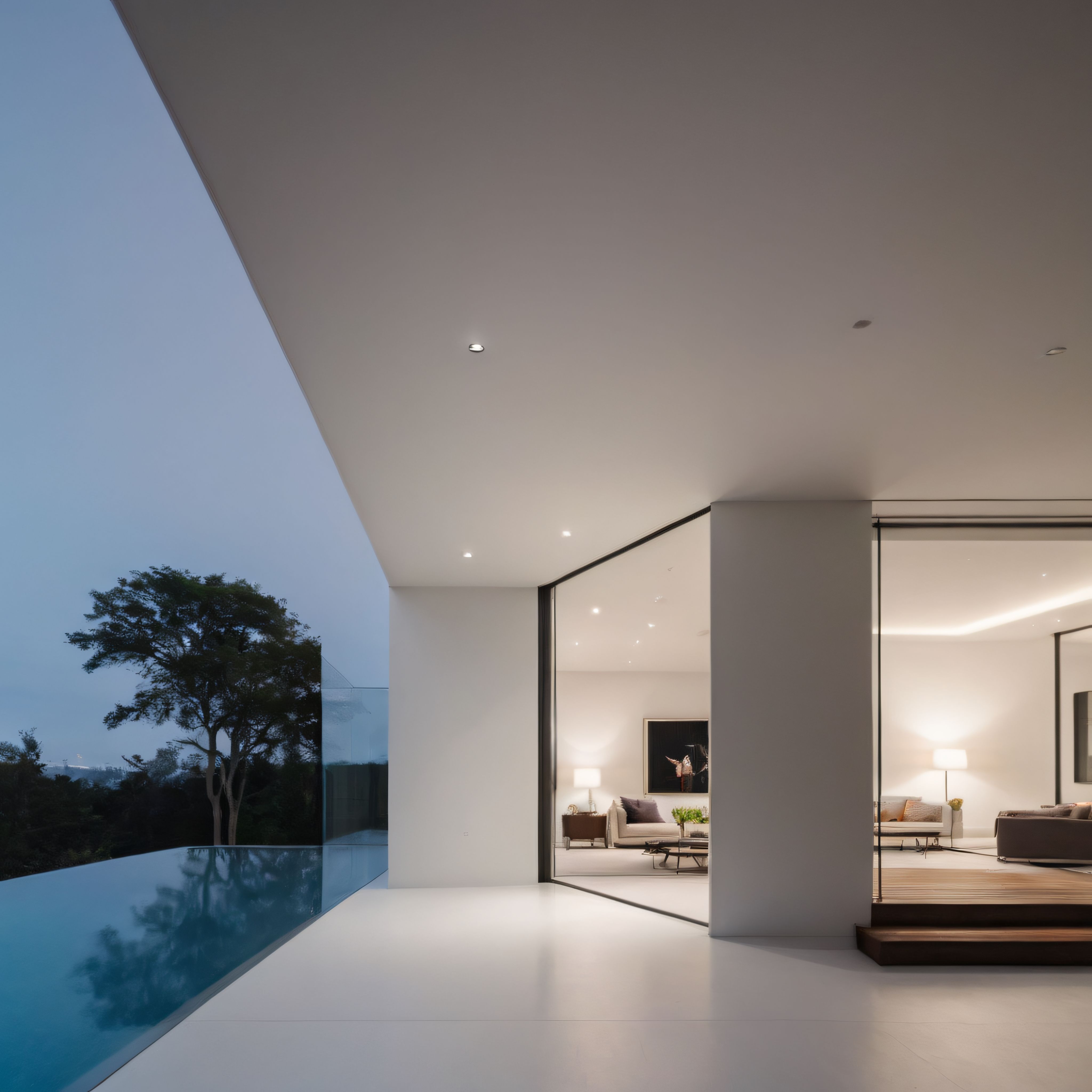 Gün Batımında Modern Villa: Cam Duvarlar, Havuz ve Minimalist İç Mekan