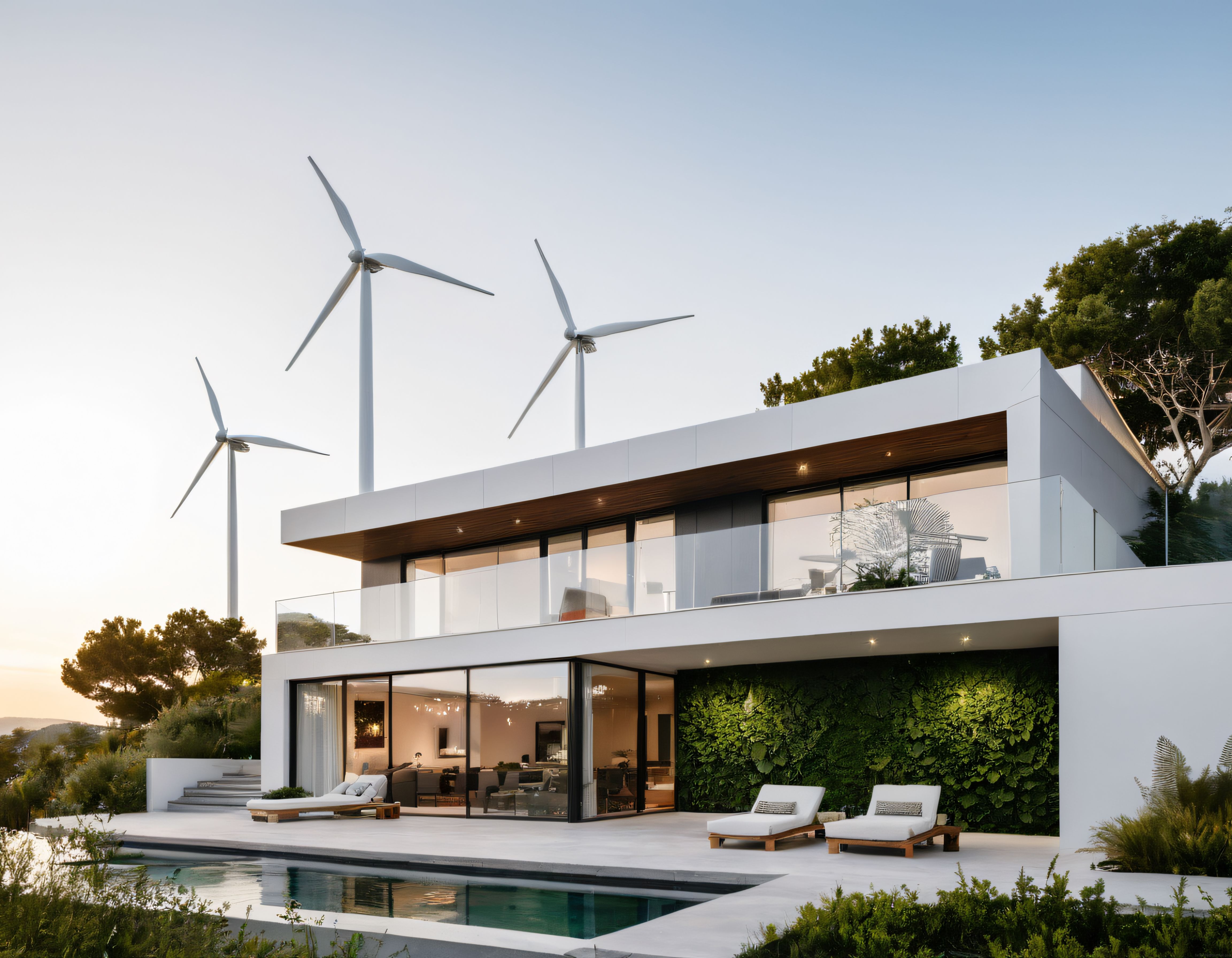 Gün Batımında Modern Villa, Havuz ve Rüzgar Türbiniyle Eko Lüks Yaşam
