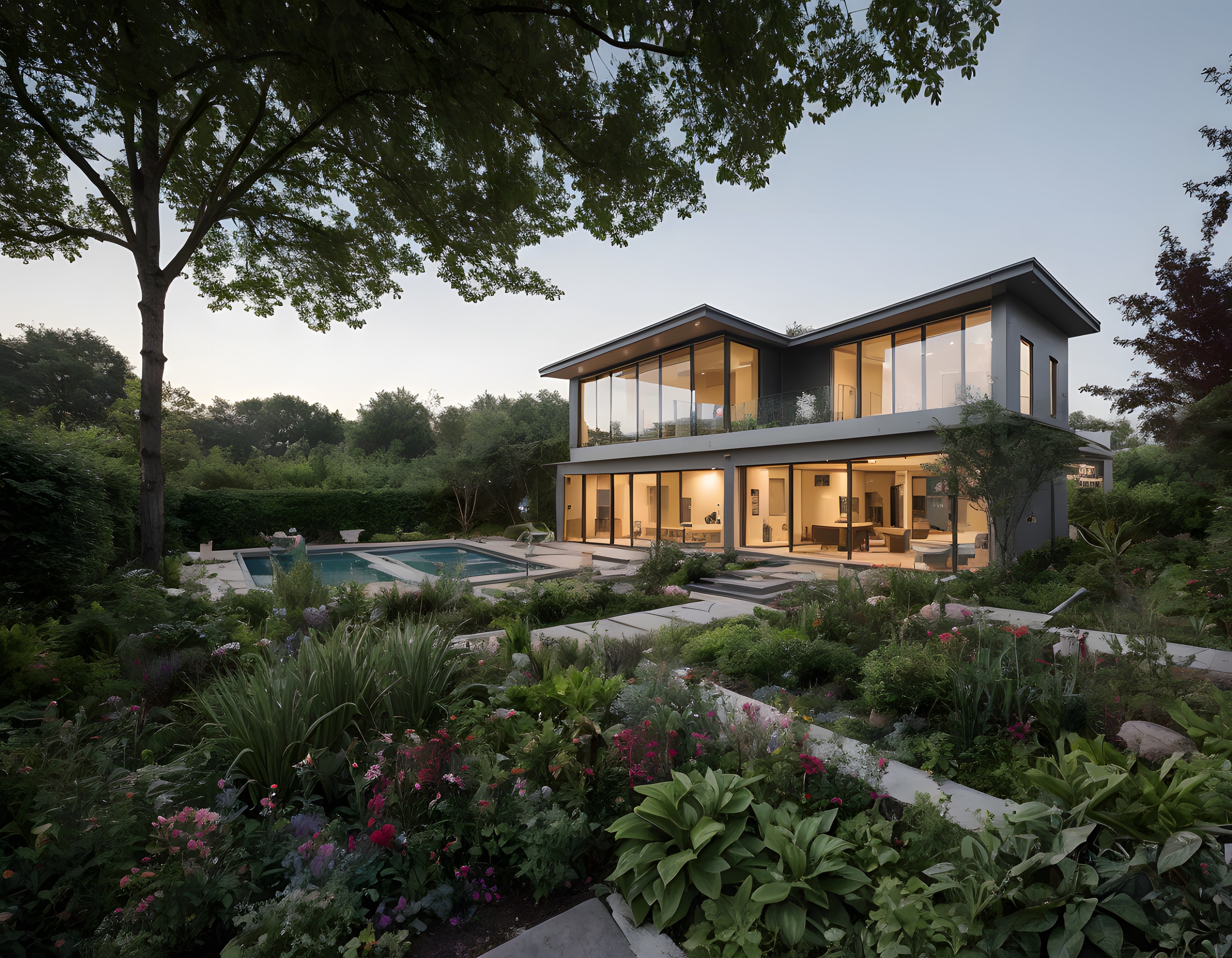 Gün Batımında Modern Villa, Havuz ve Yemyeşil Bahçe Manzarası