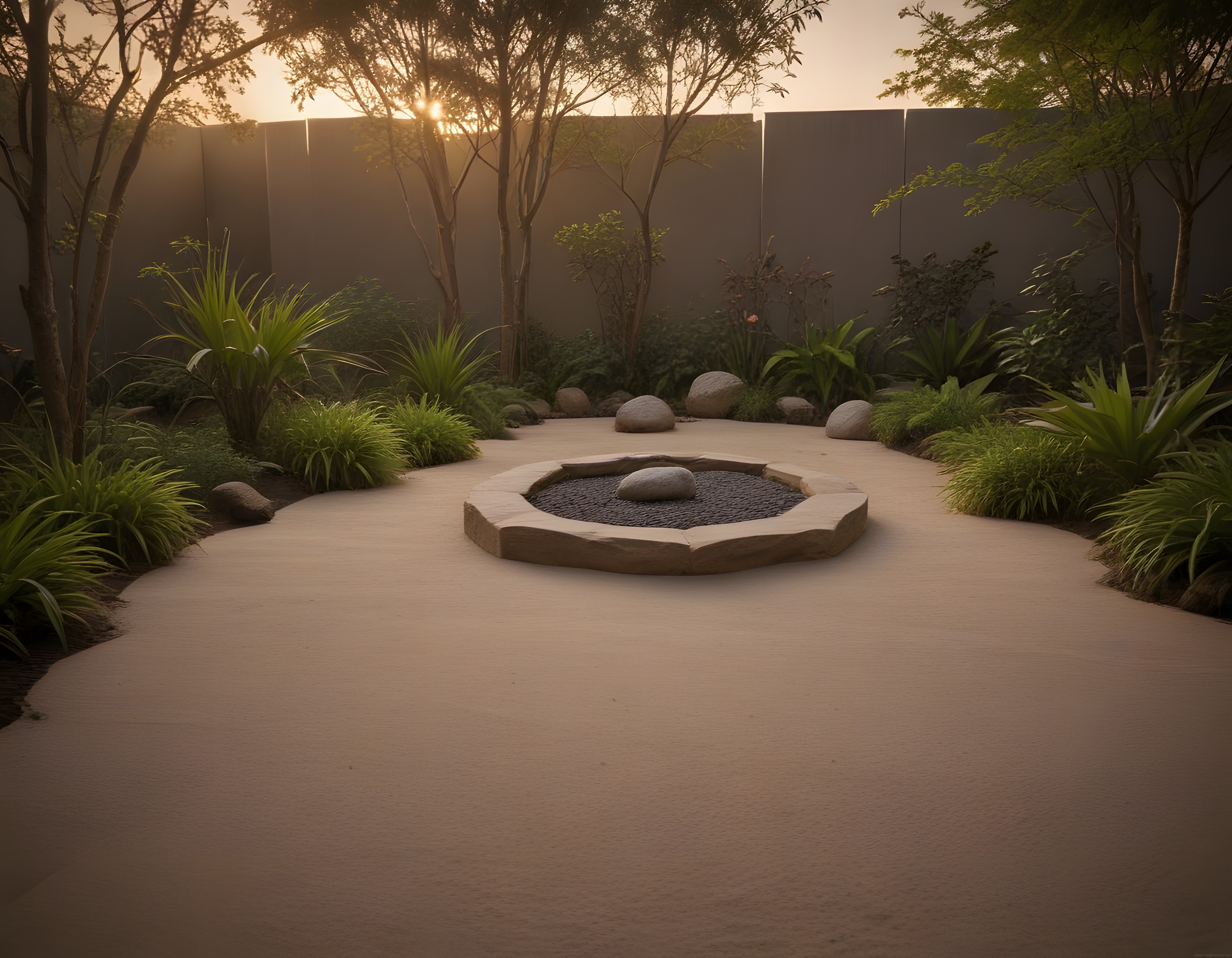 Gün Batımında Modern Zen Bahçesi: Taş Çukuru ve Minimalist Peyzaj Tasarımı