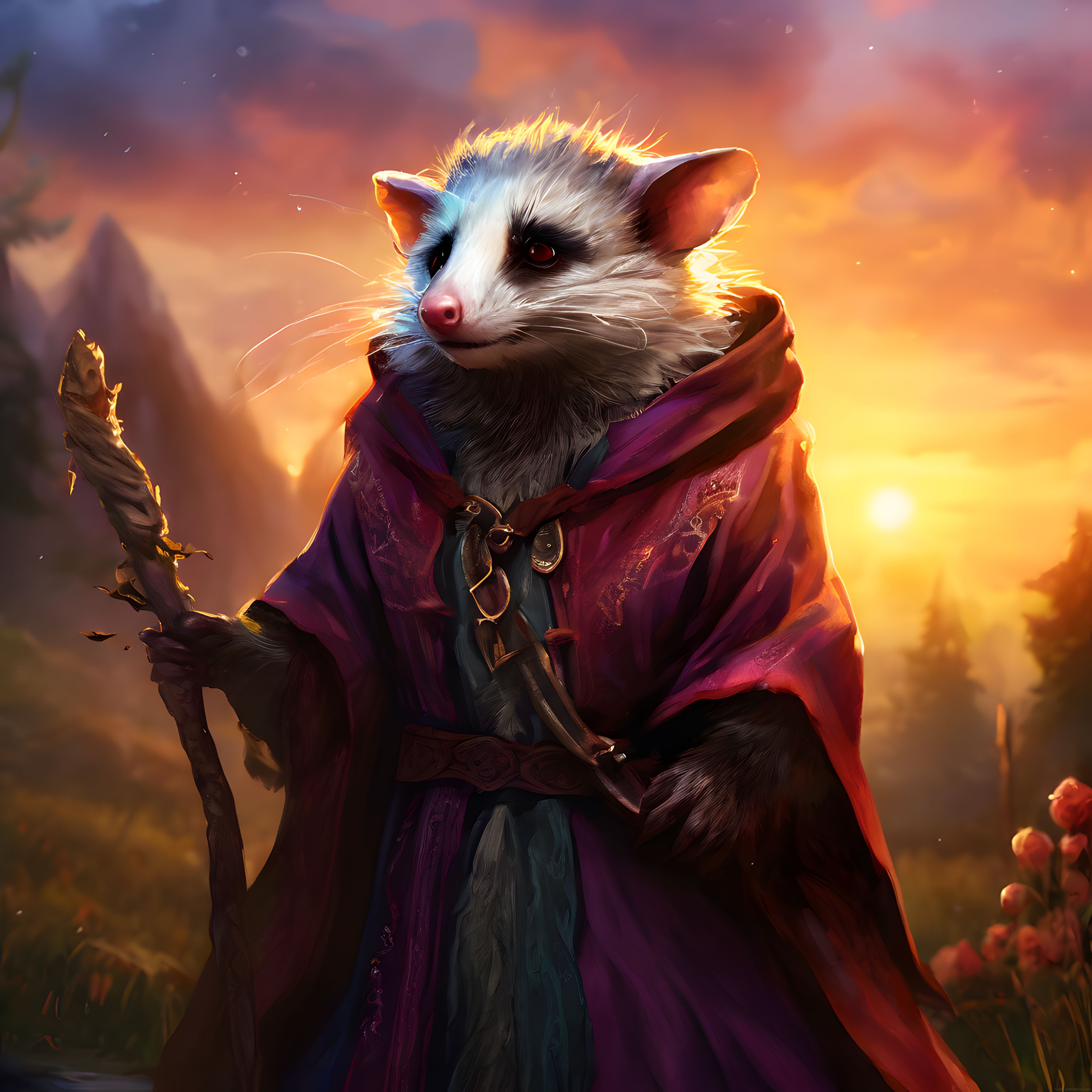 Gün Batımında Mor Pelerinli Opossum Büyücü: Fantastik Dijital Karakter Tasarımı