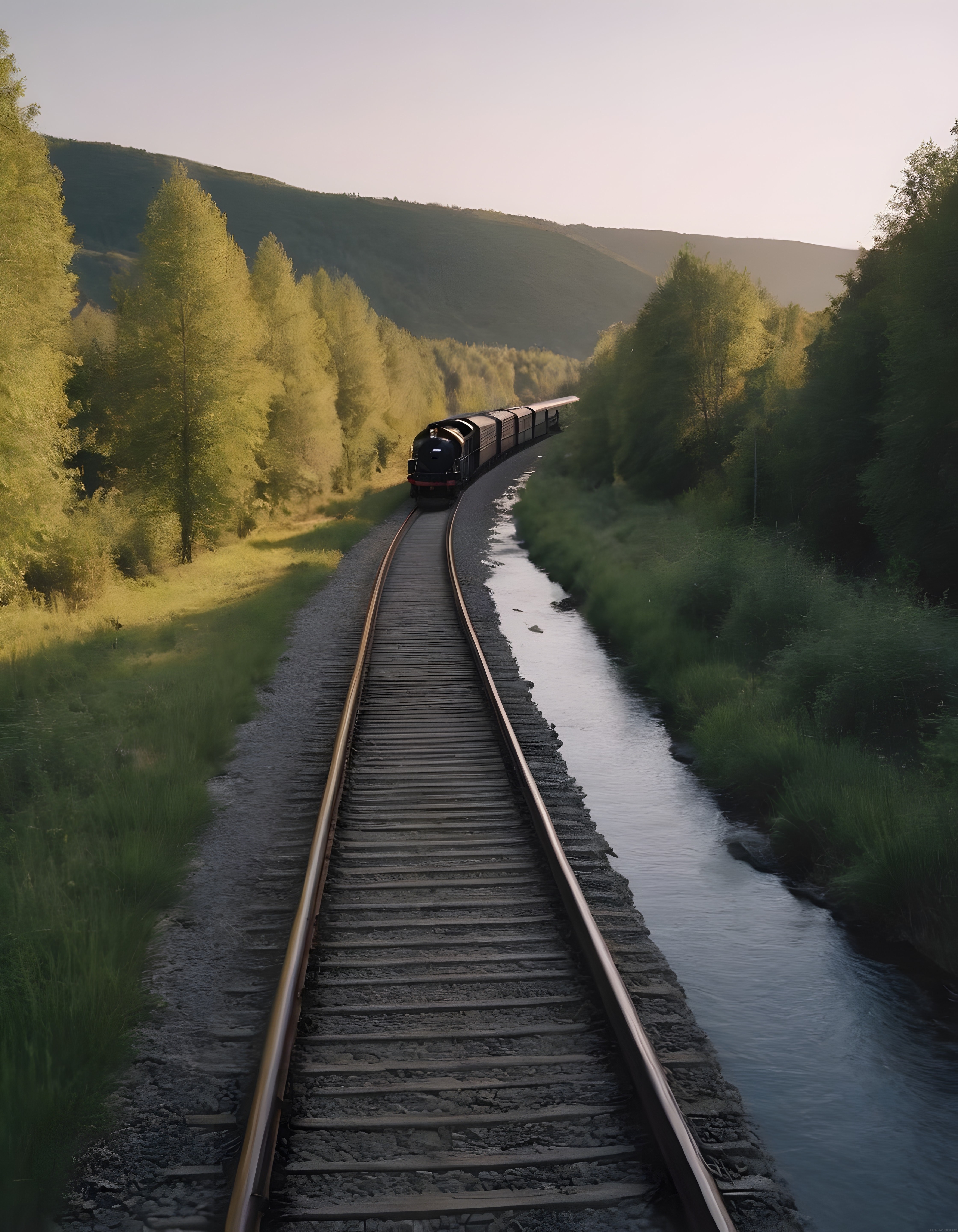 Gün Batımında Nehir ve Dağlar Arasından Geçen Nostaljik Buharlı Tren