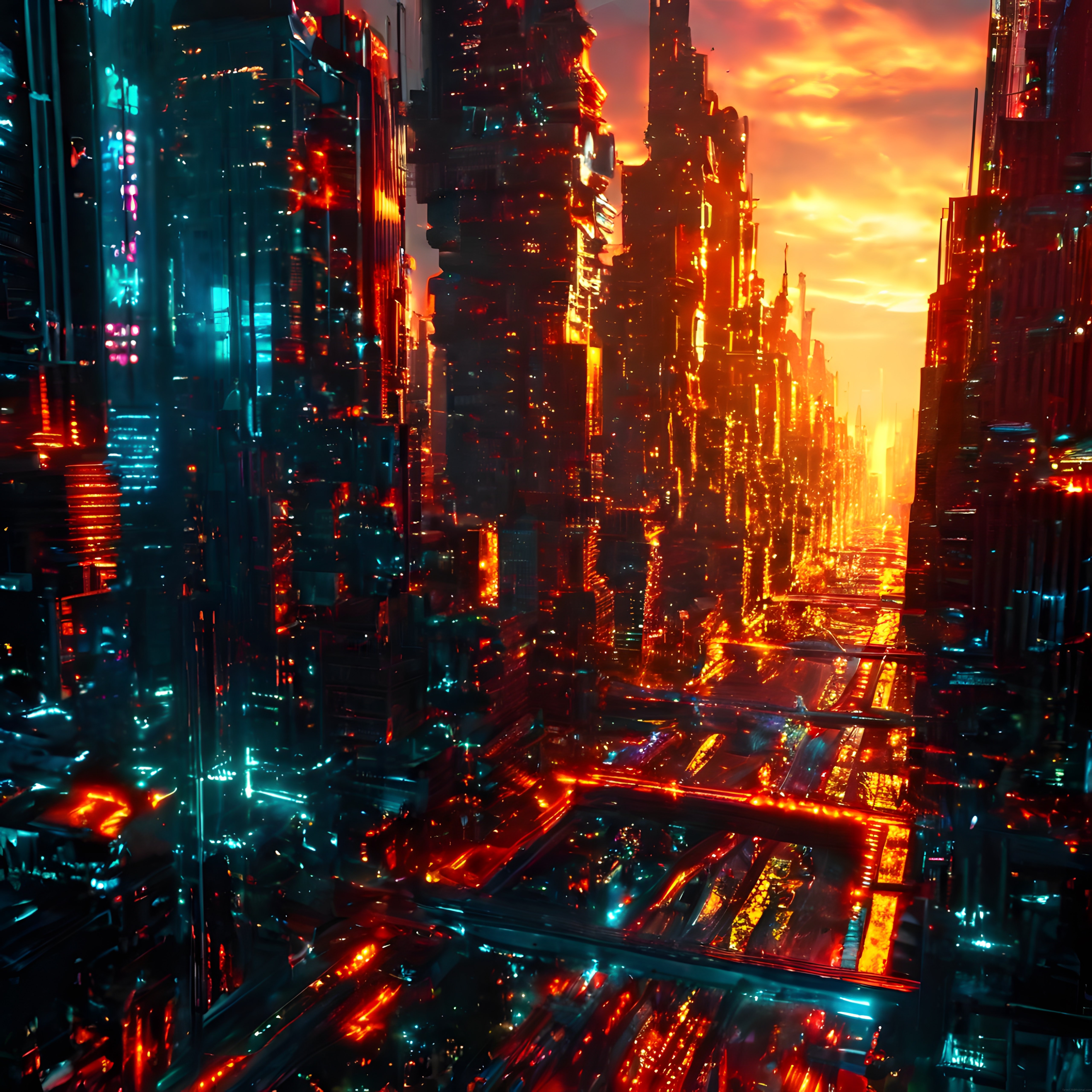 Gün Batımında Neon Işıklarla Parıldayan Geleceğin Cyberpunk Şehri