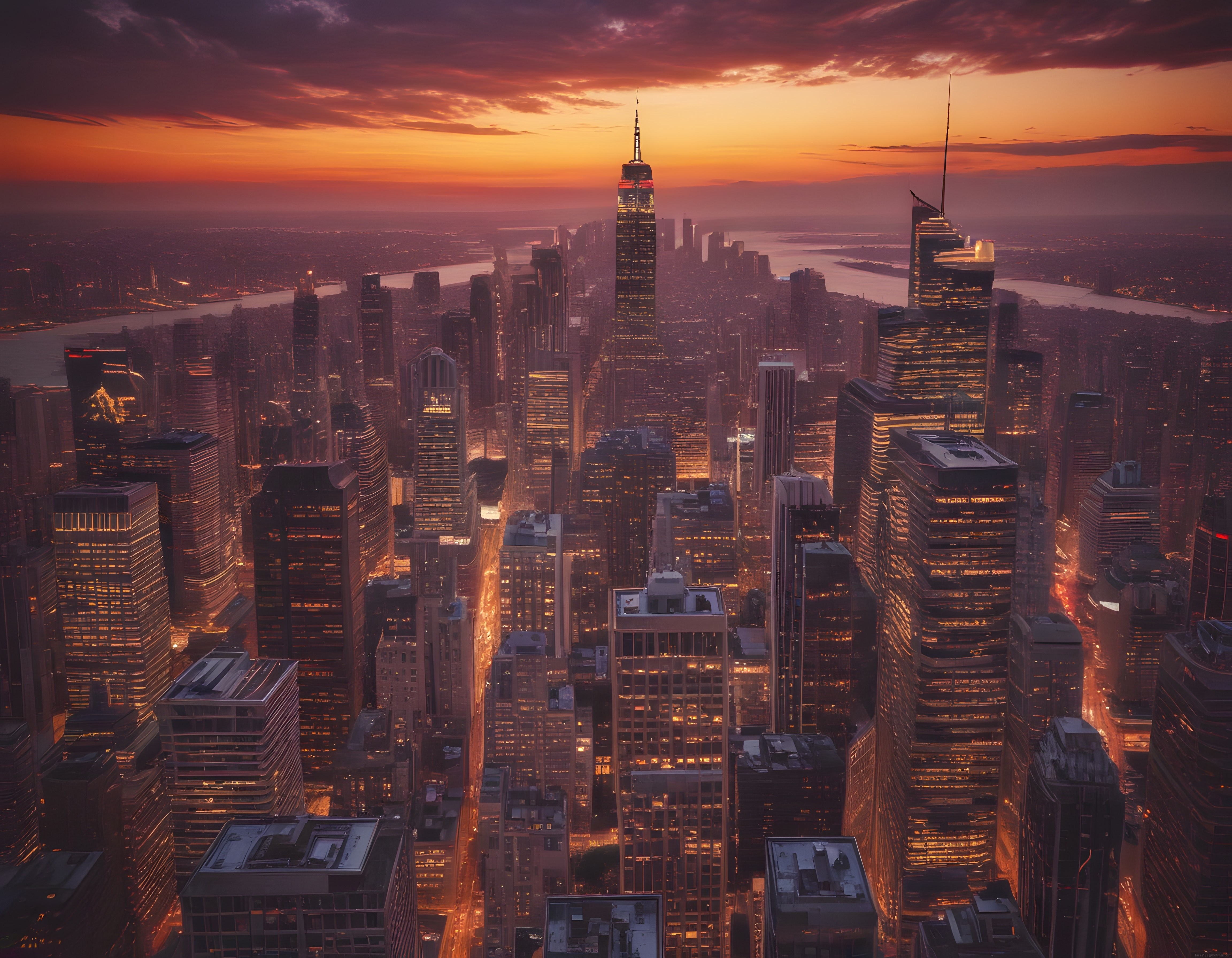 Gün Batımında New York City Skyline ve Işıltılı Gökdelenler Manzarası