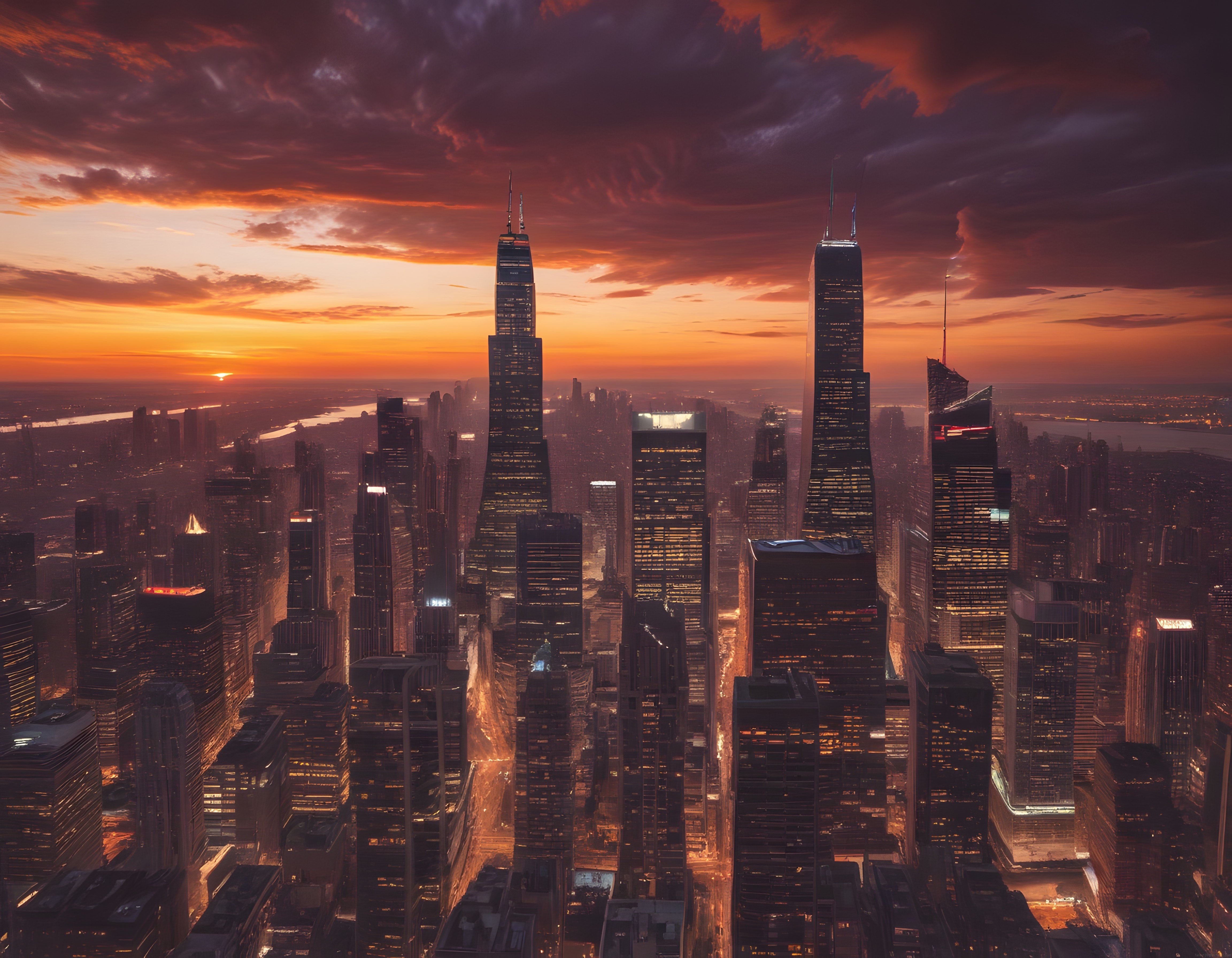 Gün Batımında New York Manhattan Gökdelenleri ve Dramatik Bulutlu Şehir Panoraması