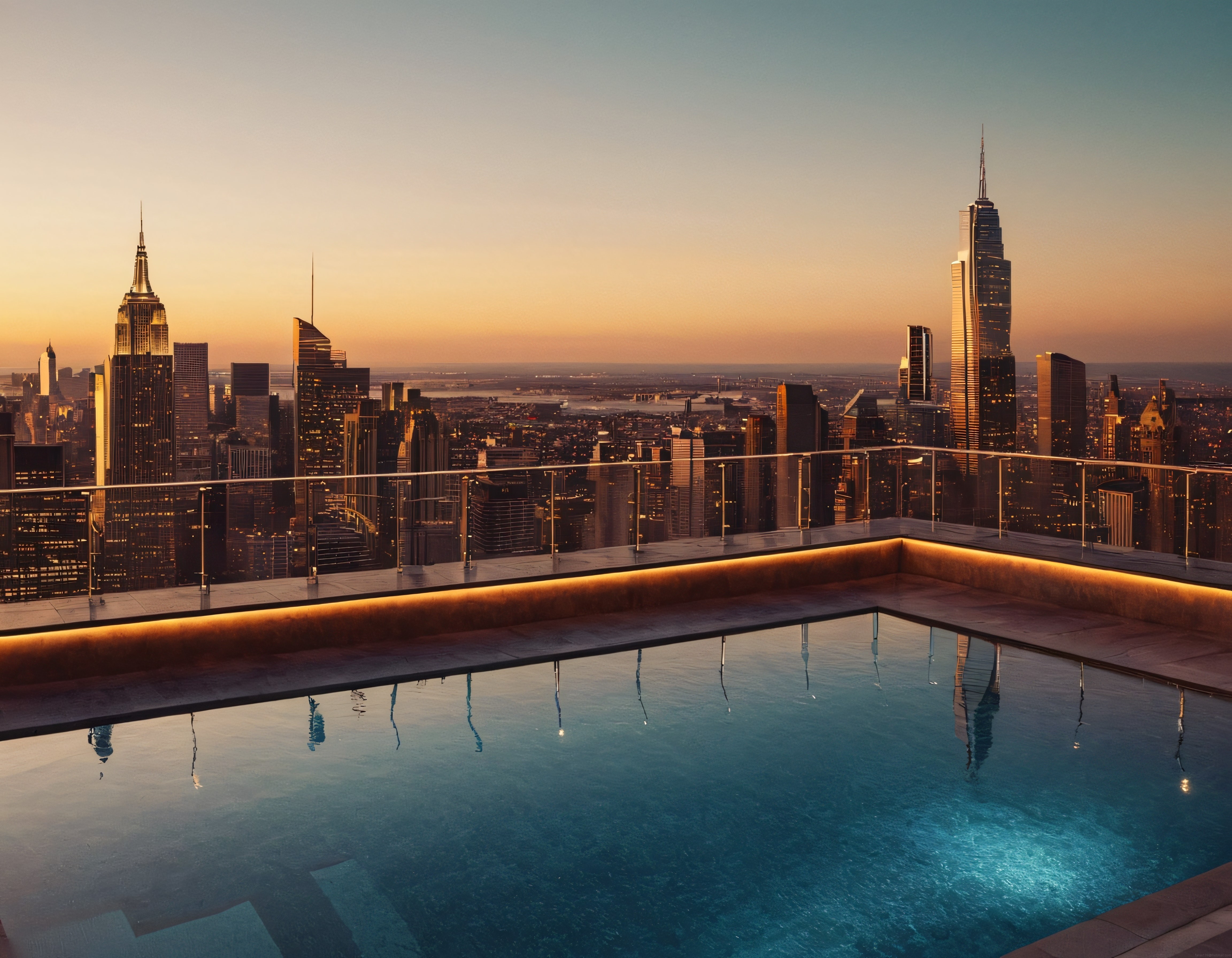 Gün Batımında New York Manzaralı Lüks Çatı Havuzu ve Şehir Silueti