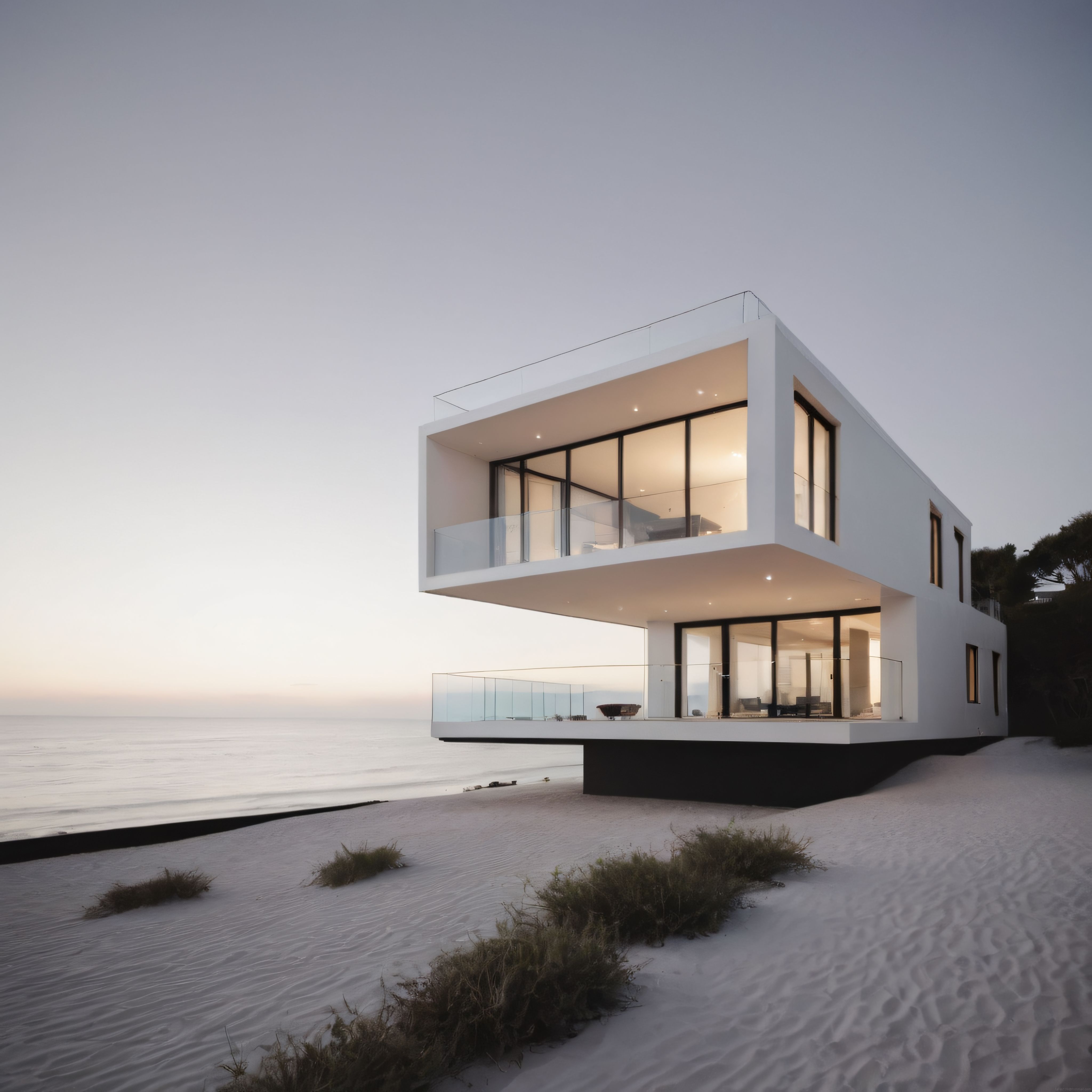 Gün Batımında Okyanus Kenarında Asılı Minimalist Beyaz Modern Ev
