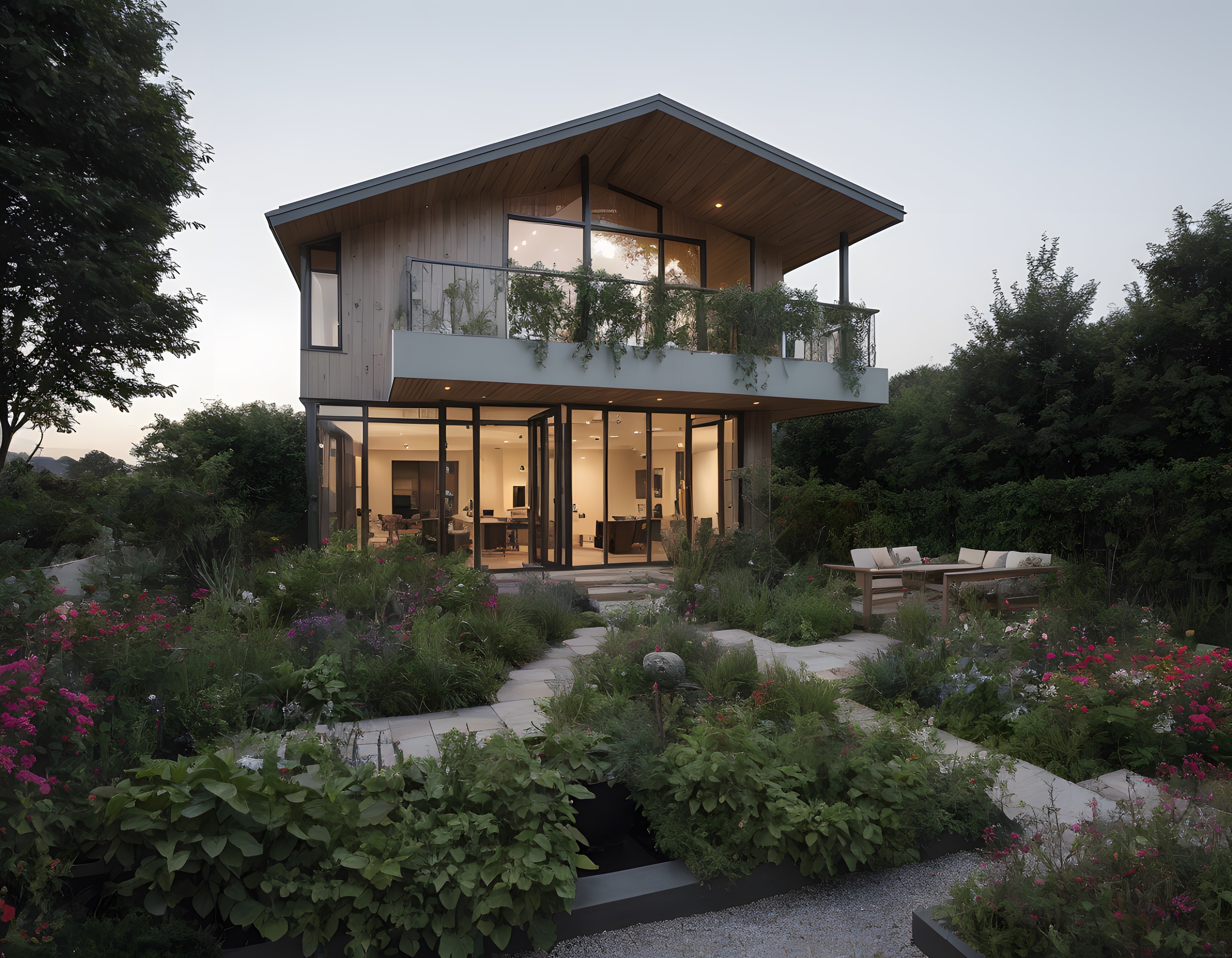 Gün Batımında Orman İçinde Büyük Camlı Modern Mimari Villa Tasarımı