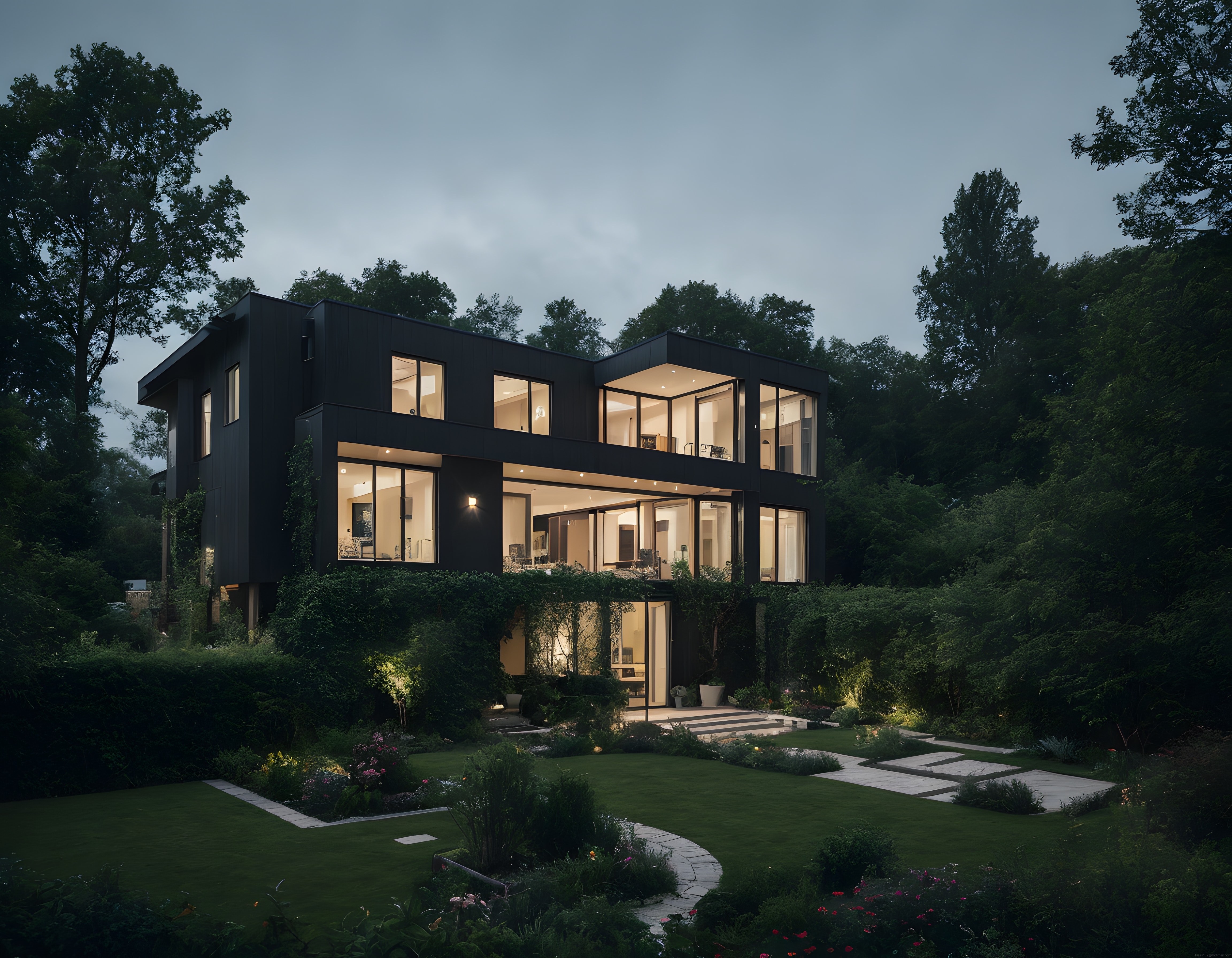 Gün batımında orman içinde ışıklı modern siyah villa ve düzenli bahçe manzarası