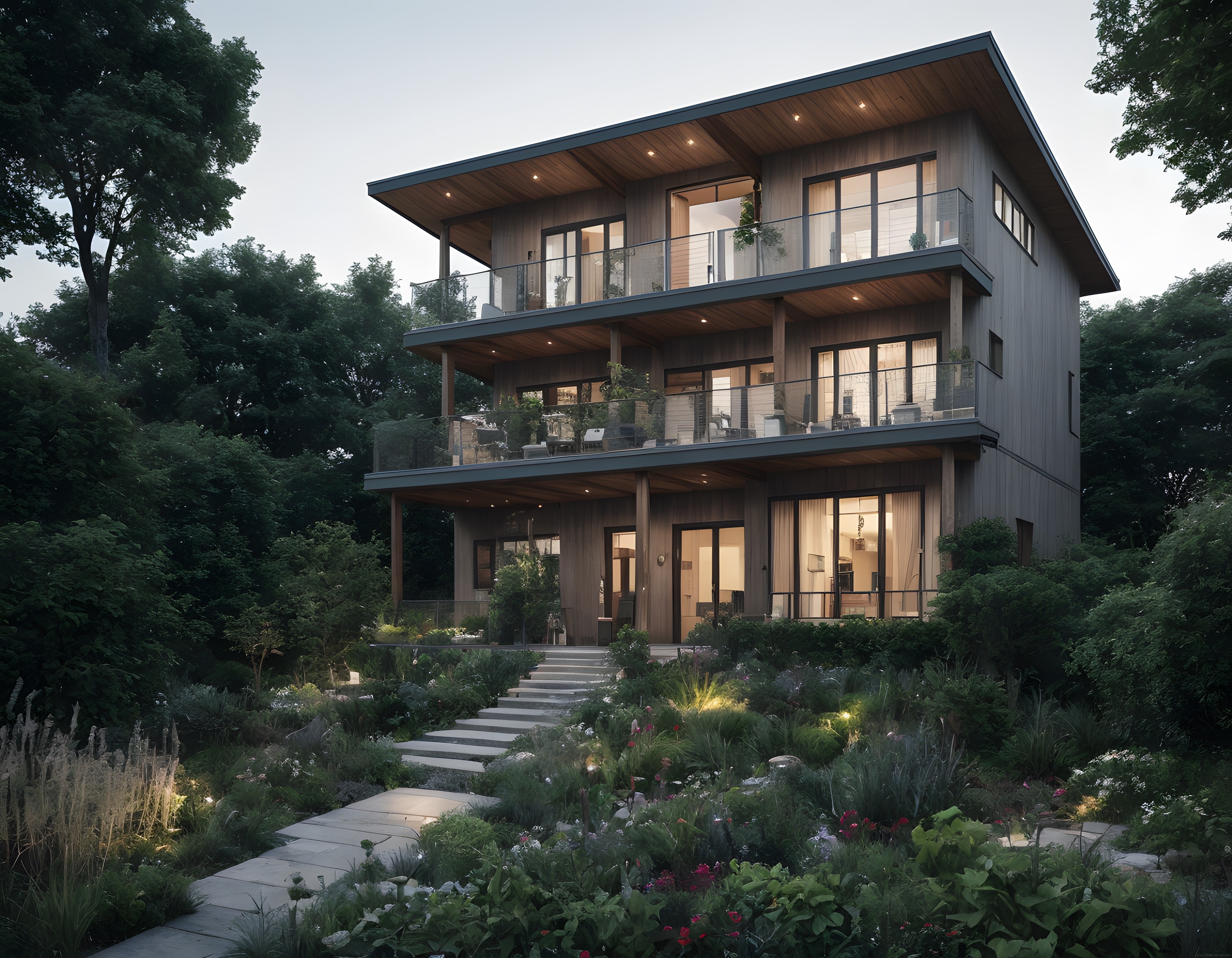 Gün Batımında Orman Manzaralı Çağdaş Ahşap ve Cam Detaylı Lüks Villa