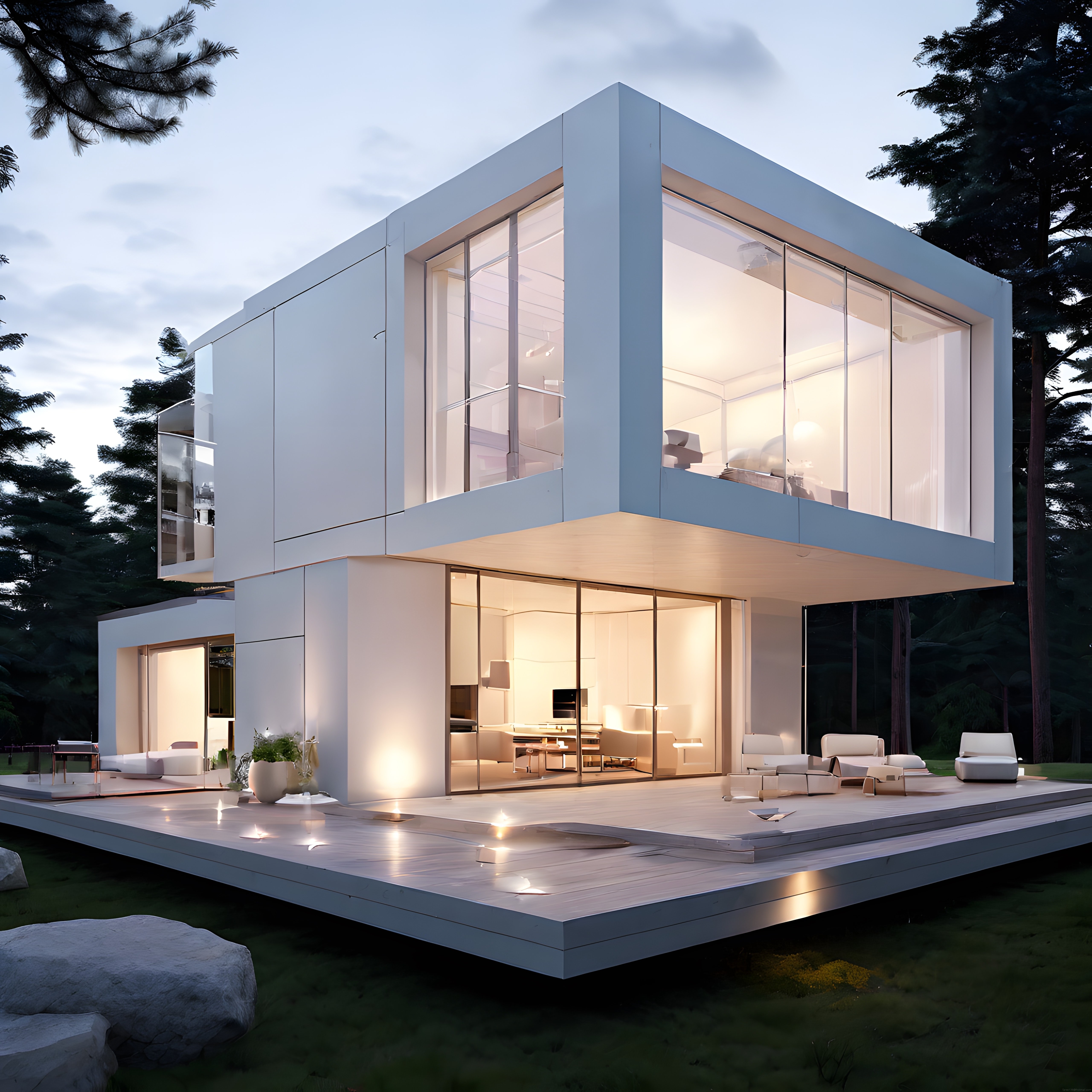Gün Batımında Orman Manzaralı Cam Cepheli Modern Mimari Villa Tasarımı