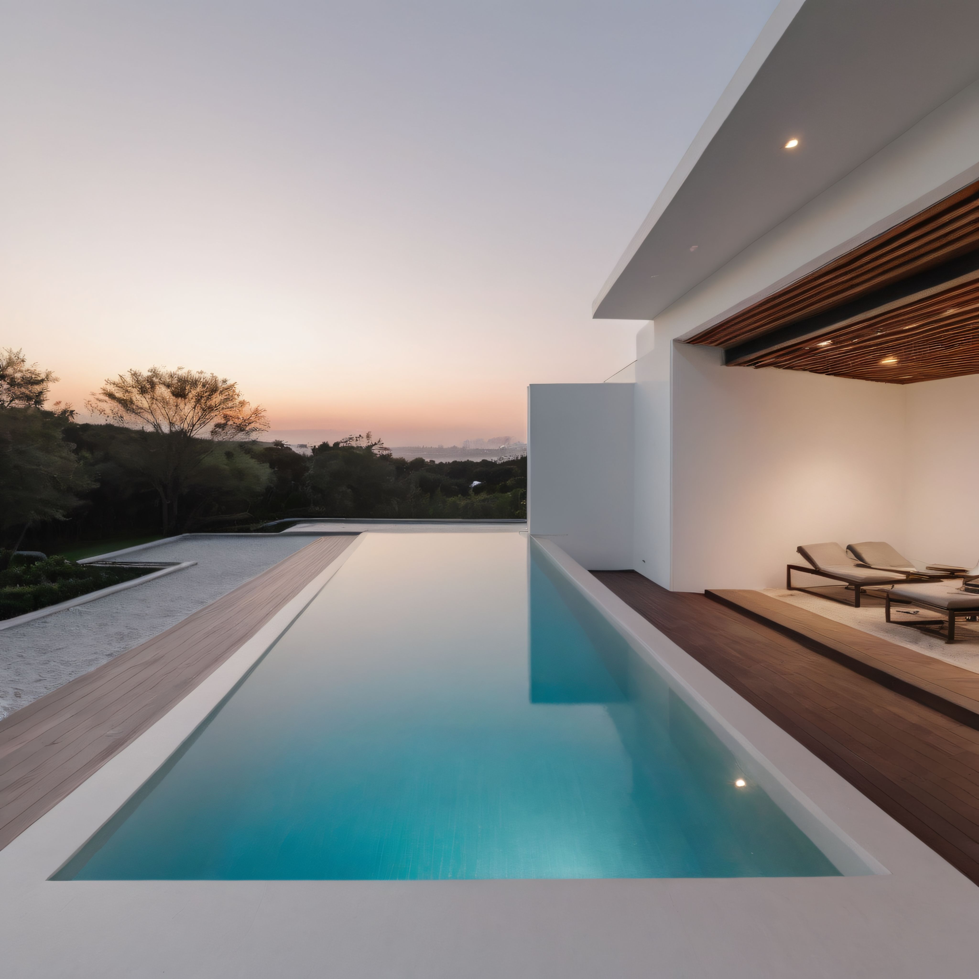 Gün Batımında Orman Manzaralı Modern Villa ve Sonsuzluk Havuzu