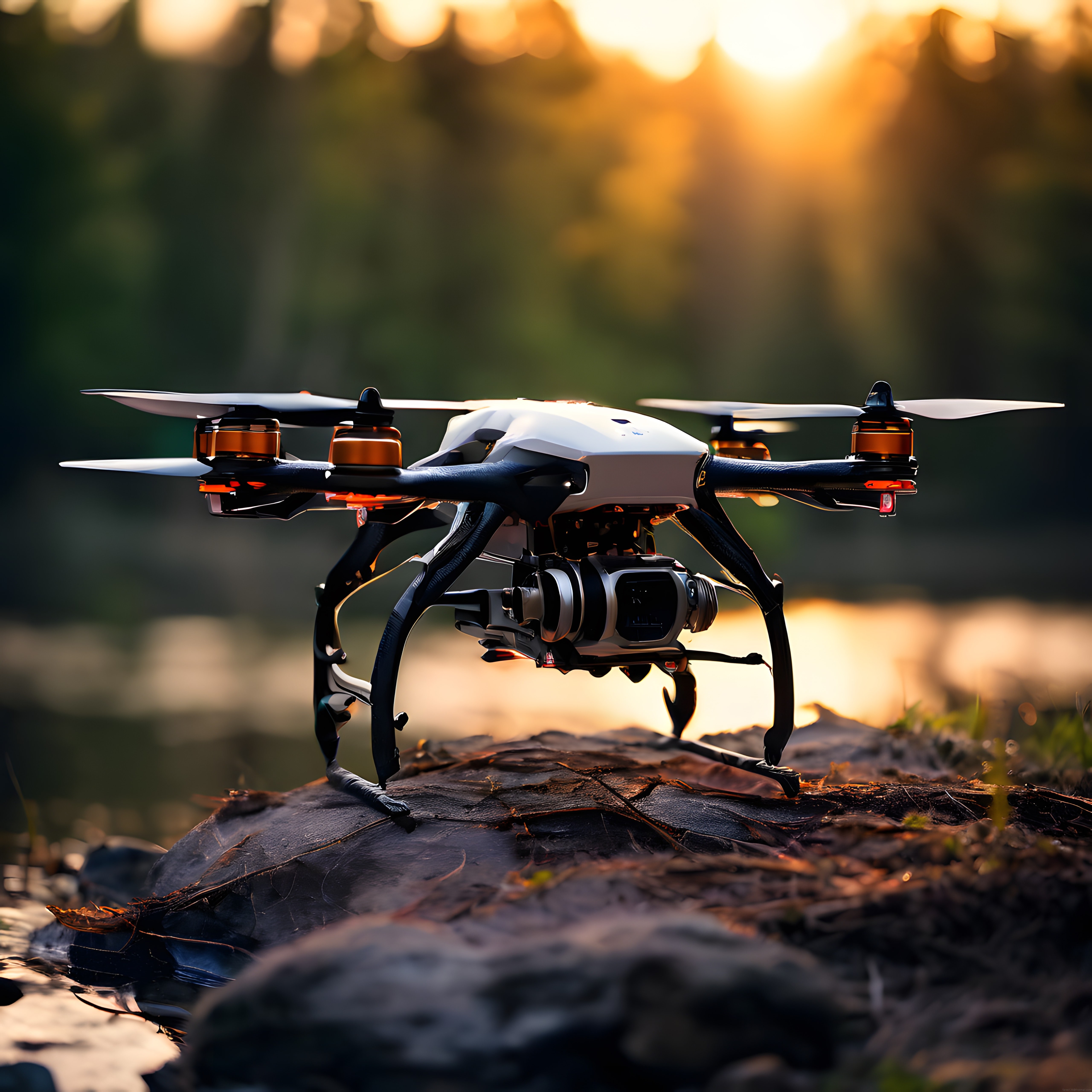 Gün Batımında Ormanda Kayalık Zemin Üzerinde Duran Profesyonel Drone