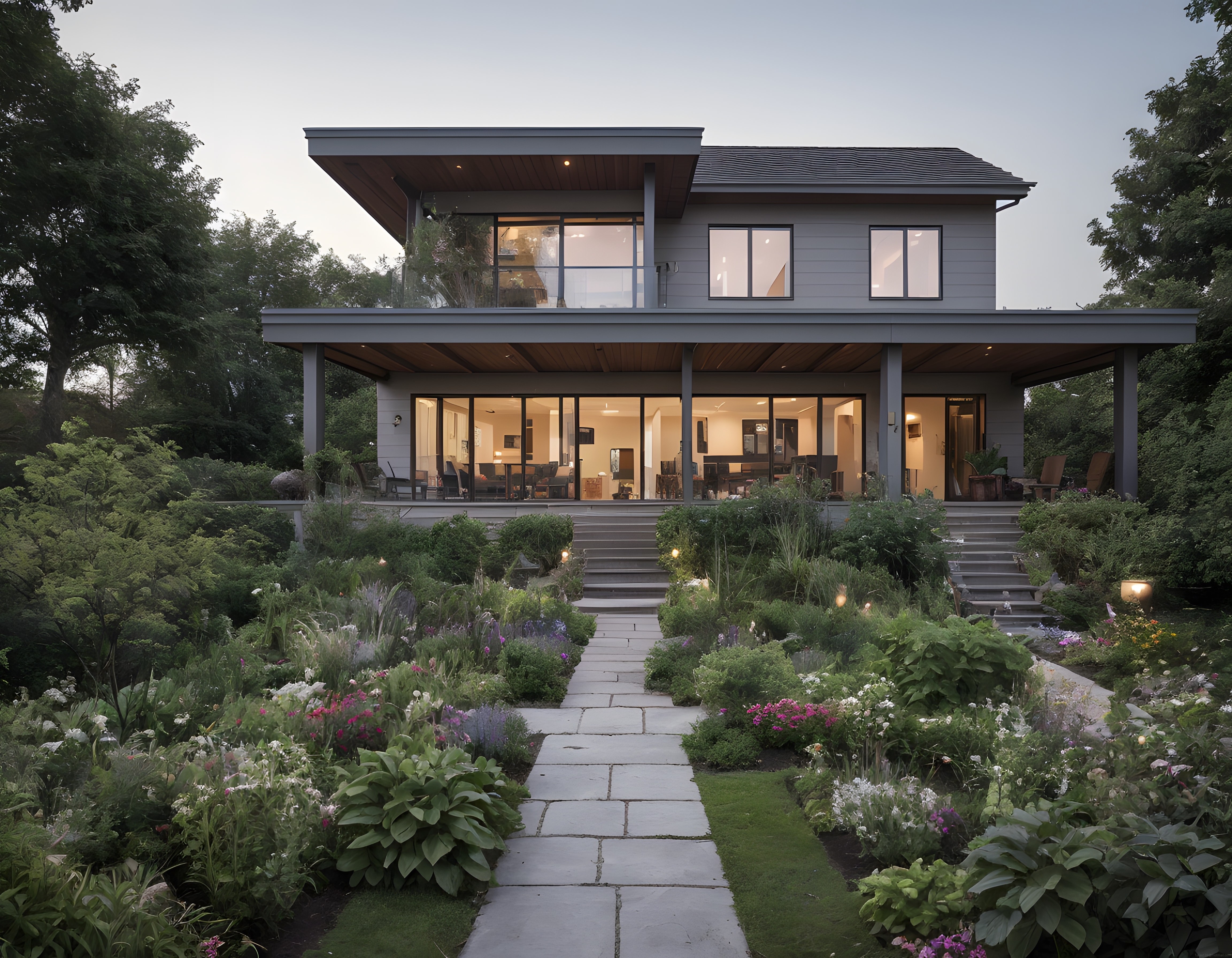 Gün Batımında Ormanda Modern Cam Villa ve Işıklandırılmış Peyzaj Bahçe Tasarımı