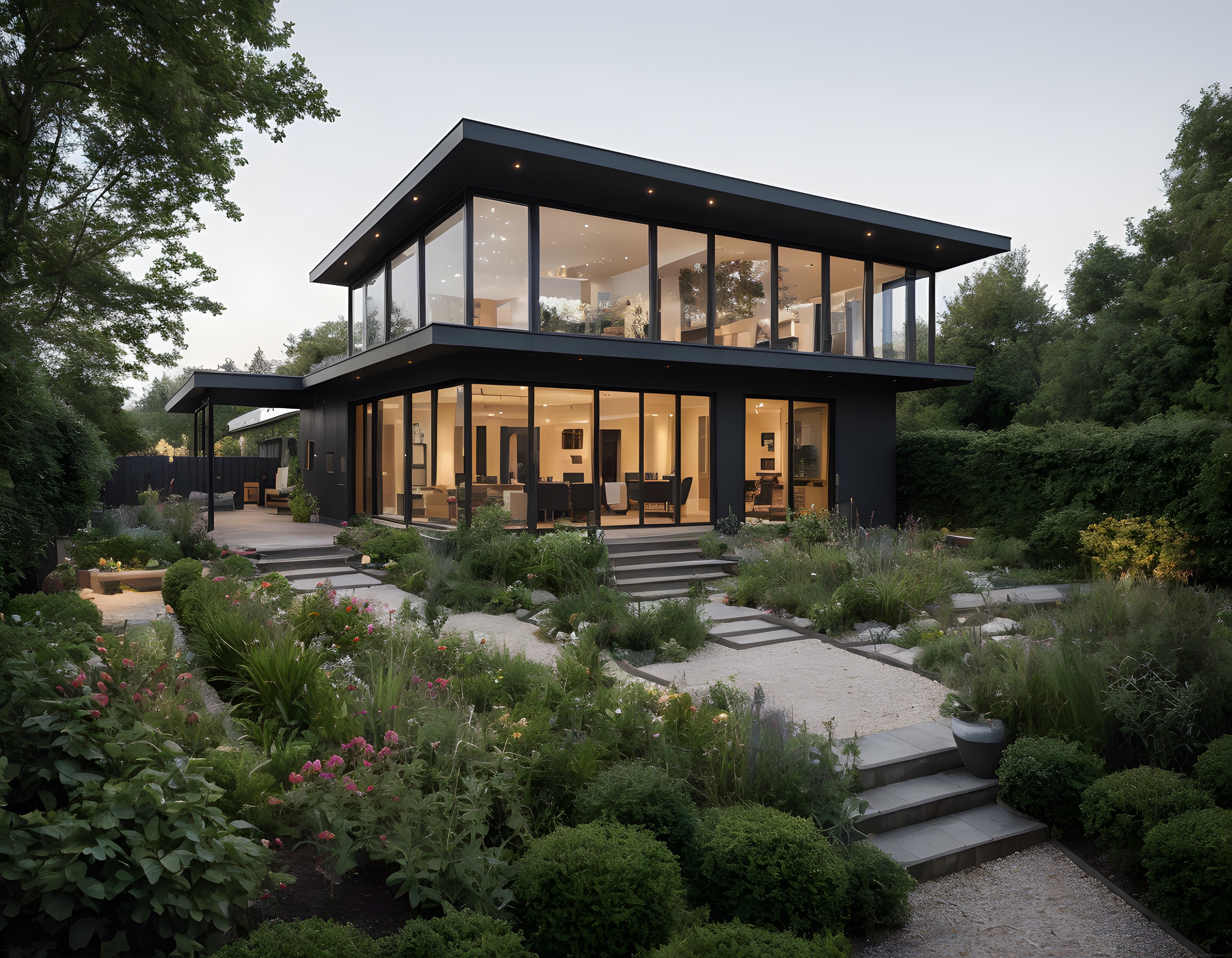 Gün Batımında Ormanın İçinde Siyah Cepheli Modern Cam Villa Tasarımı