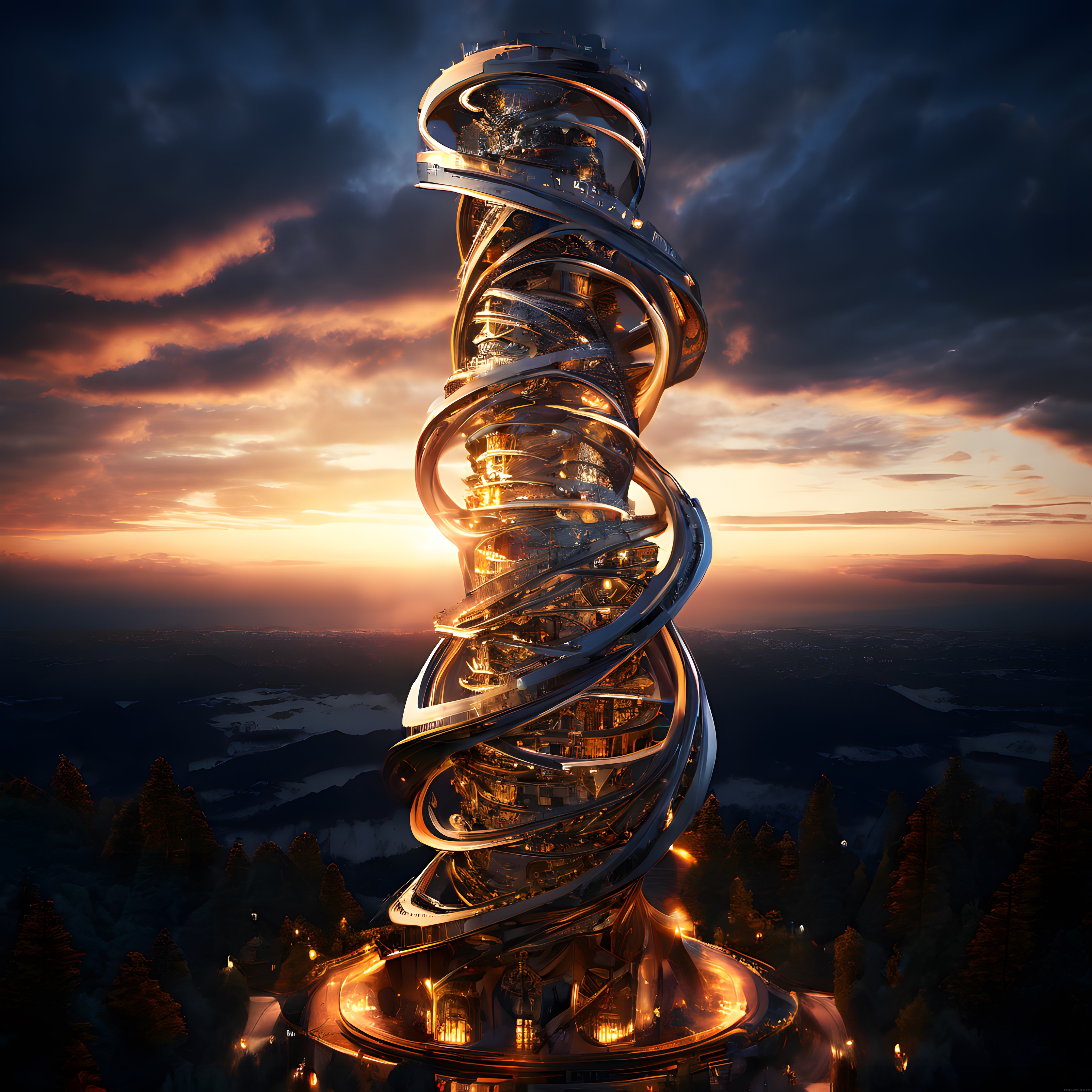 Gün Batımında Ormanın İçinde Yükselen Fütüristik Spiral Kule ve Işıklı Detayları
