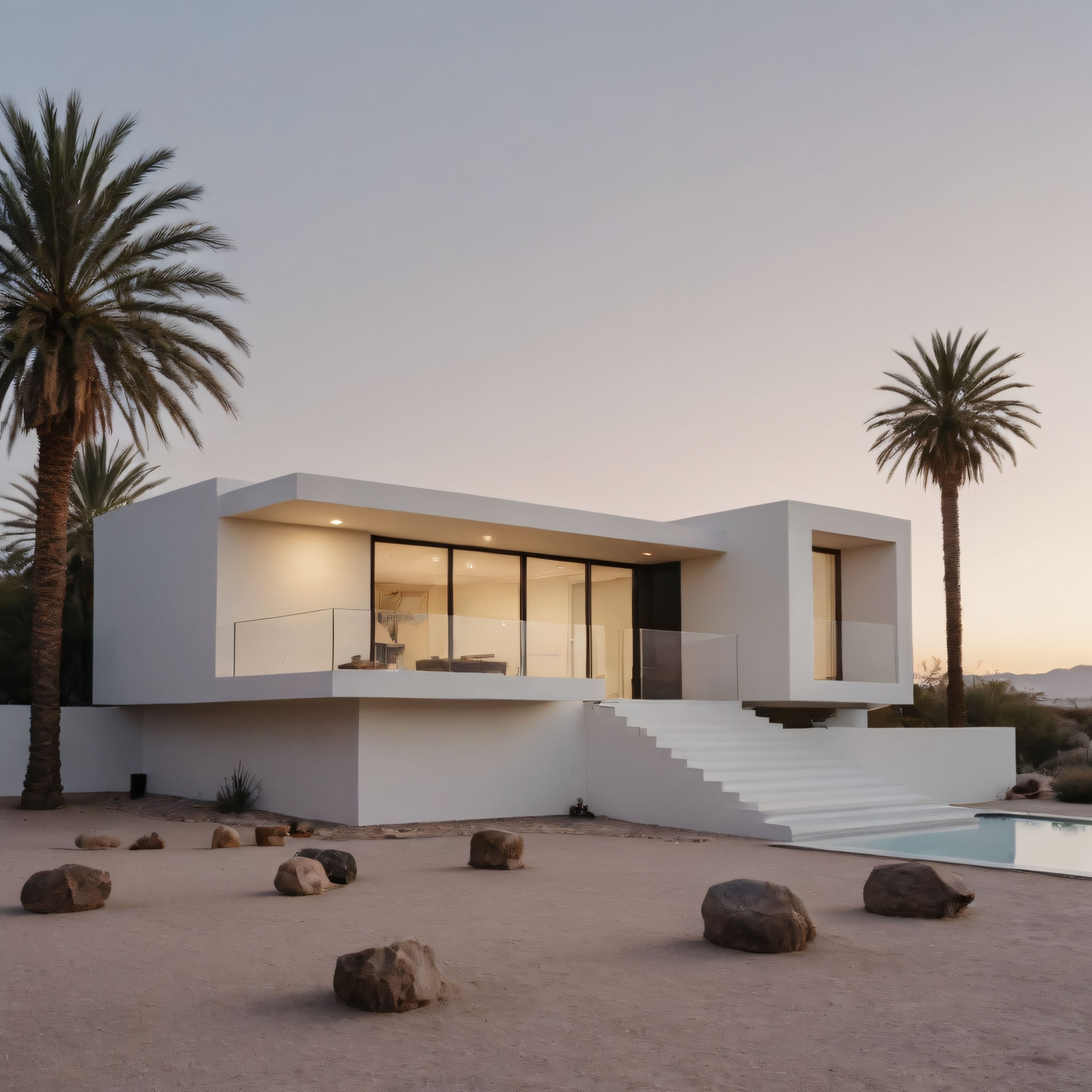 Gün Batımında Palmiyeler Arasındaki Beyaz Minimalist Villa ve Sonsuzluk Havuzu