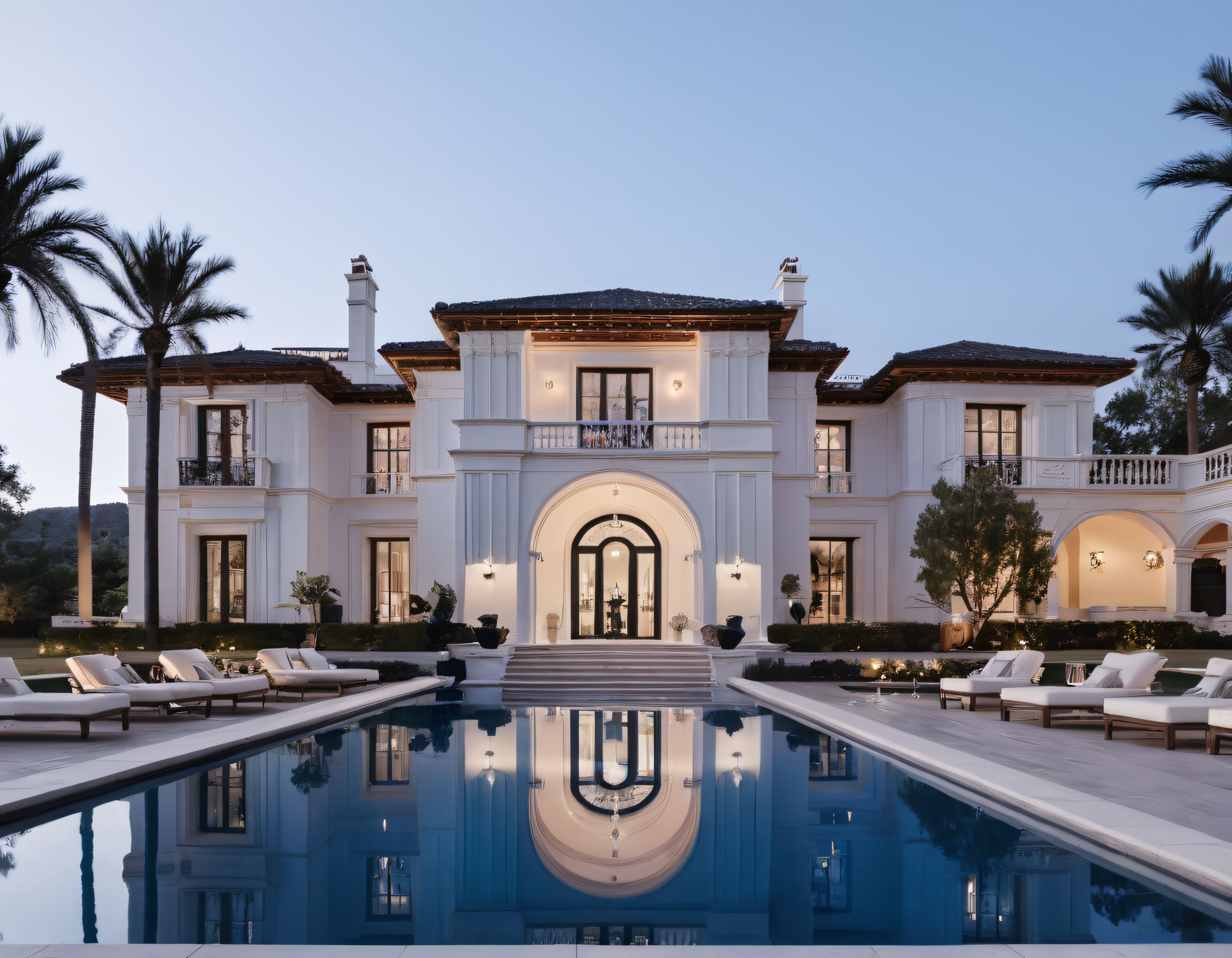 Gün Batımında Palmiyeler ve Havuz Eşliğinde Lüks Beyaz Villa Manzarası