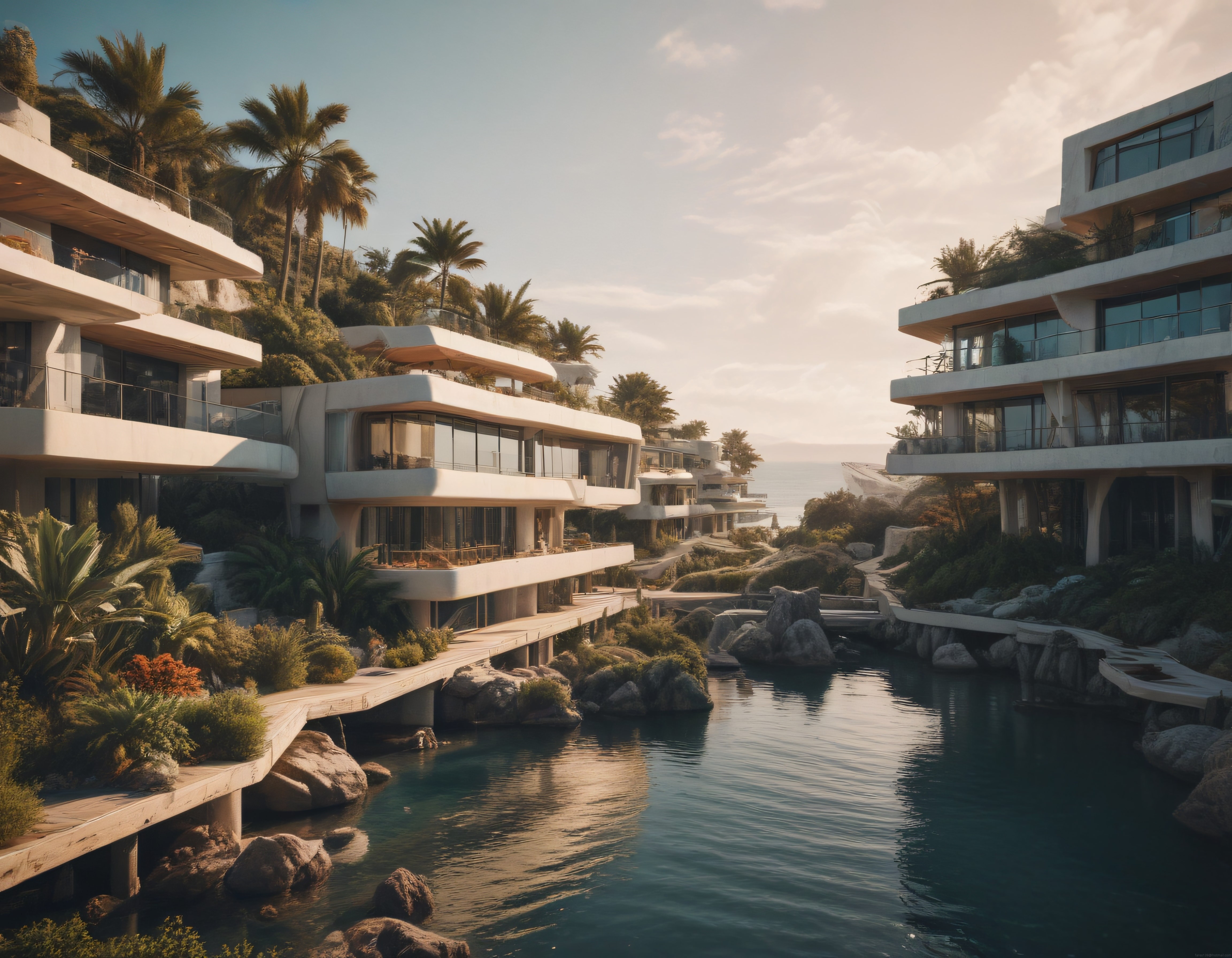 Gün Batımında Palmiyeli Lüks Resort ve Su Kanallı Otel Kompleksi
