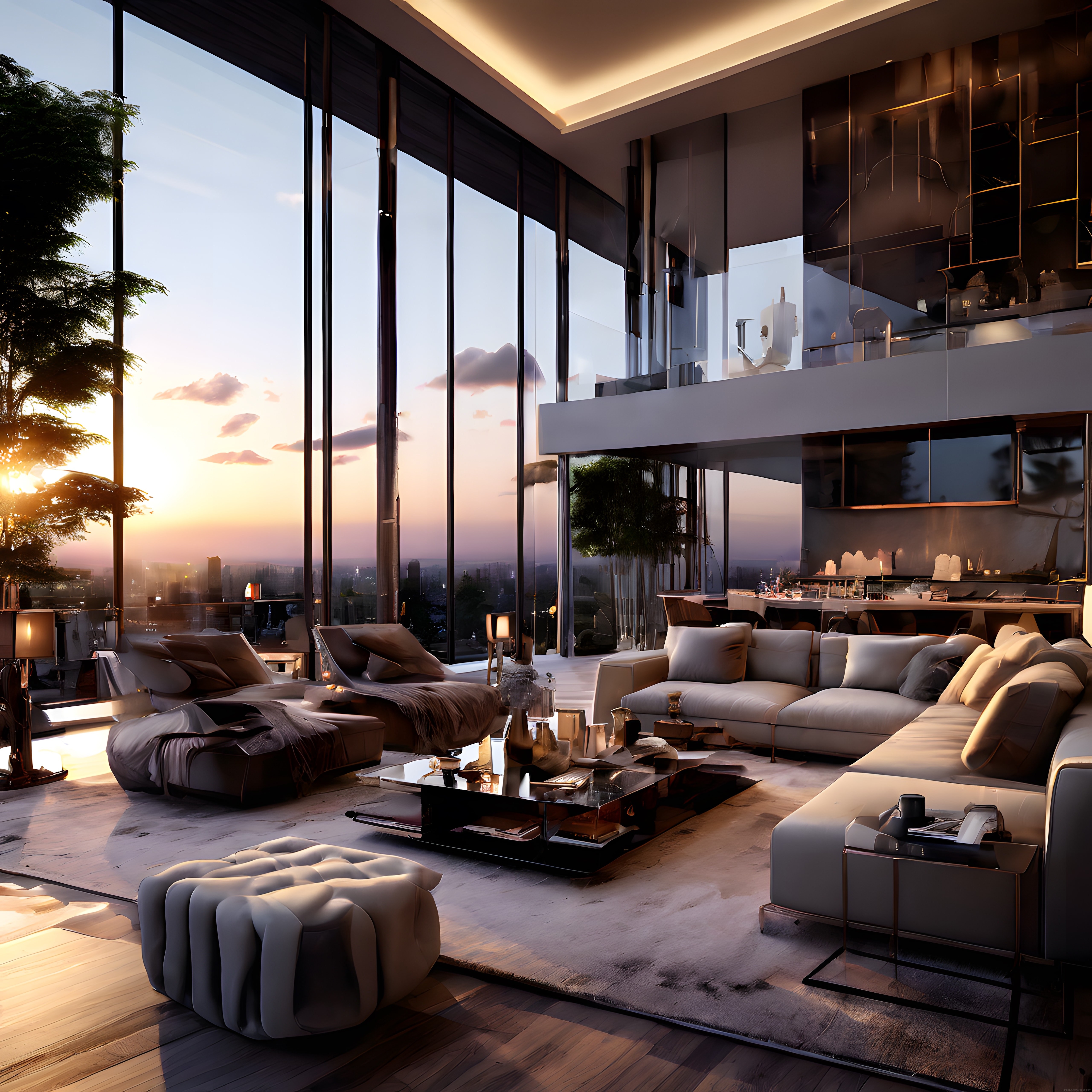 Gün Batımında Panoramik Camlı Lüks Penthouse İçi ve Modern Salon Dekoru
