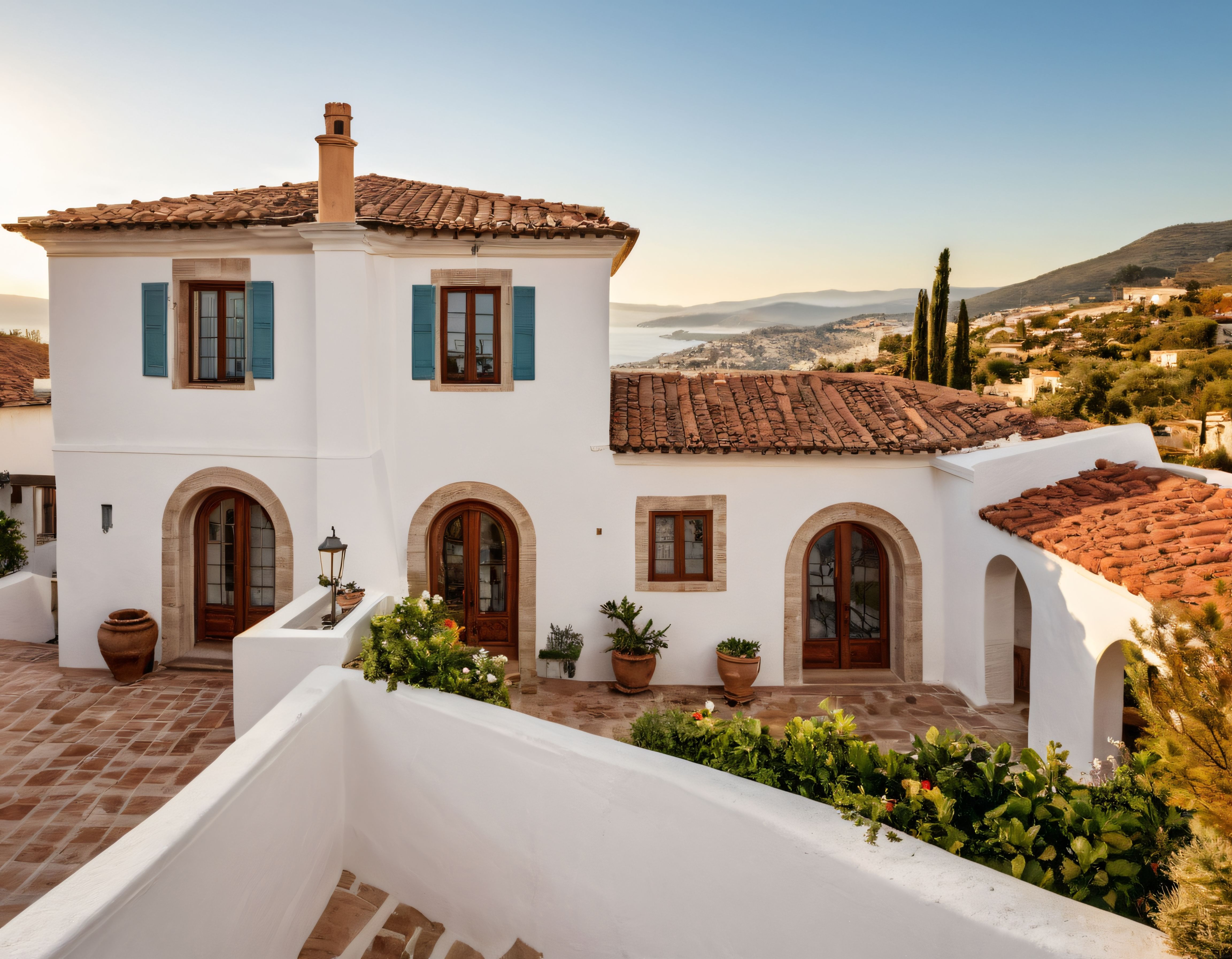 Gün Batımında Panoramik Deniz Manzaralı Akdeniz Tarzı Beyaz Villa