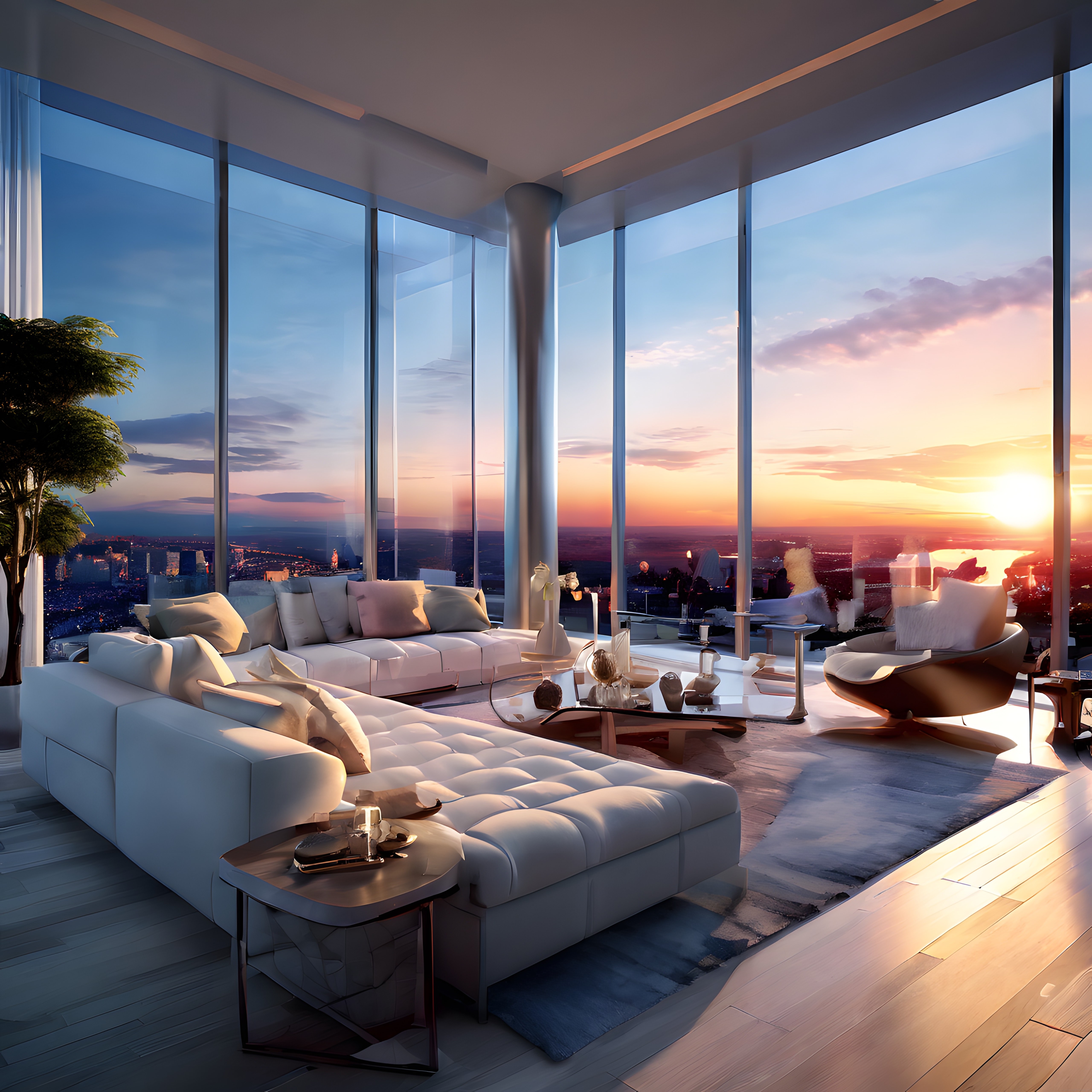 Gün Batımında Panoramik Manzaralı Lüks Penthouse Salon ve Modern İç Mimari