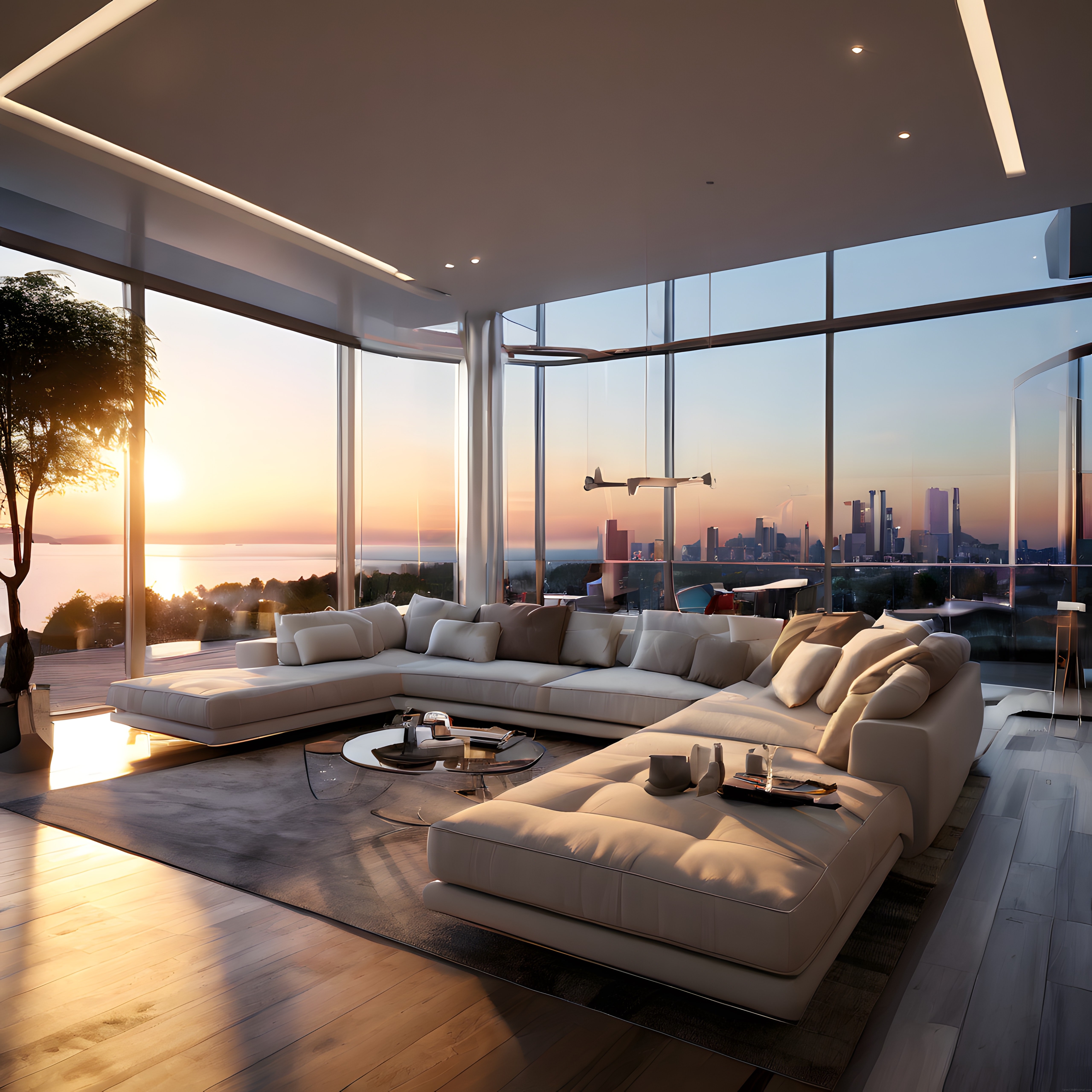 Gün Batımında Panoramik Manzaralı Lüks ve Modern Penthouse Salon Dekorasyonu